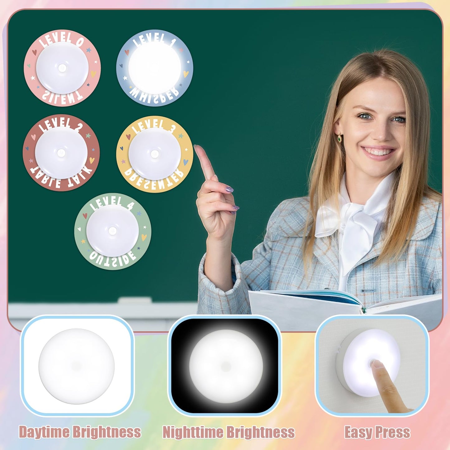 5 Pcs School Push Light and Voice Level Poster Voice Level Chart Monitor Rules Sign LED Tap Light Classroom Rules Poster Noise Chart Classroom Management Tools for Teachers Back to School （Boho Style）