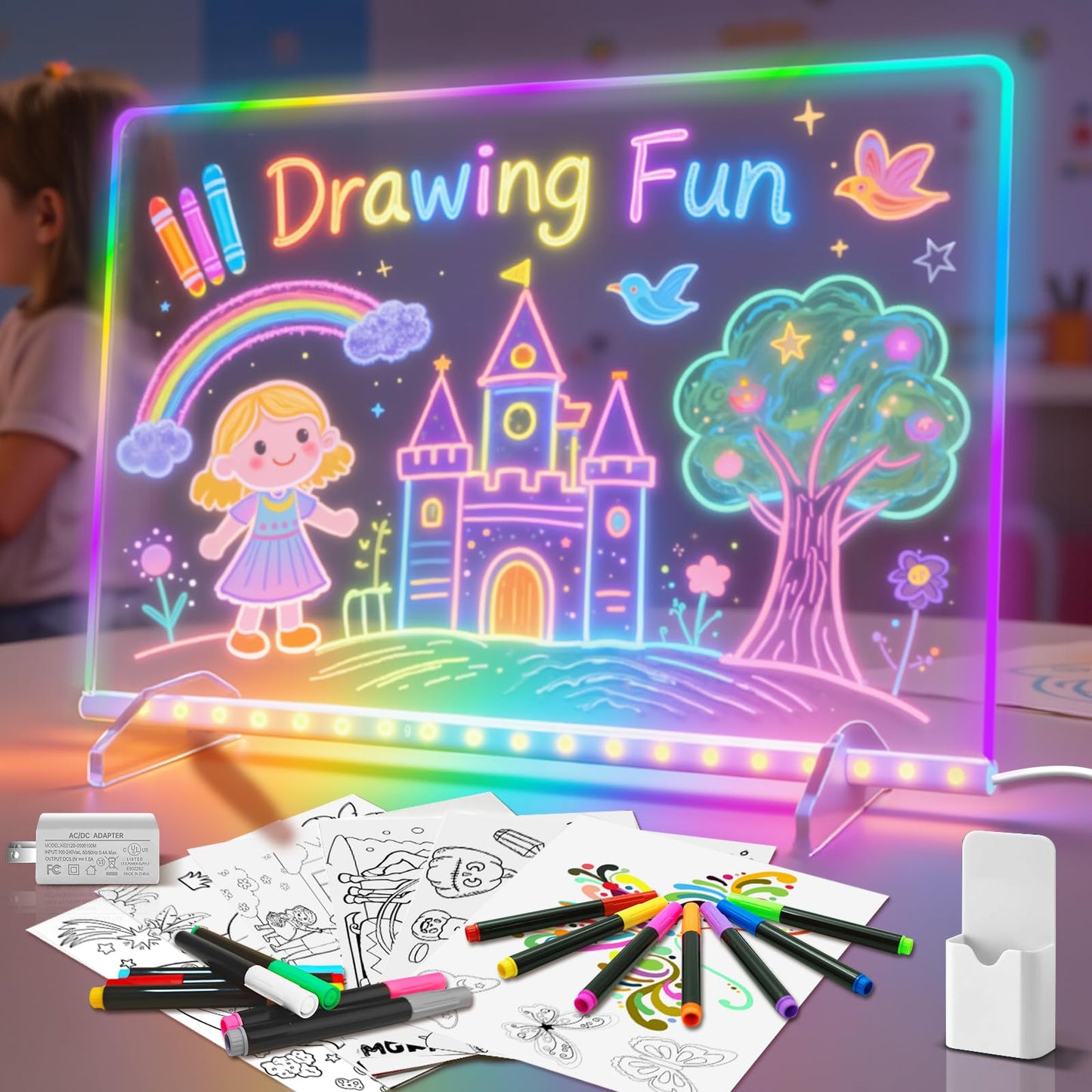 LED Note Board with 8 Colors 6 Modes -13.7"X10" Acrylic Dry Erase Board, Led Drawing Board Includes Adapter, 14 Markers, Tracing Paper, Sketching Gifts for Kids/Girls/Teens