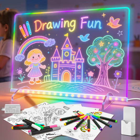 LED Note Board with 8 Colors 6 Modes -13.7"X10" Acrylic Dry Erase Board, Led Drawing Board Includes Adapter, 14 Markers, Tracing Paper, Sketching Gifts for Kids/Girls/Teens