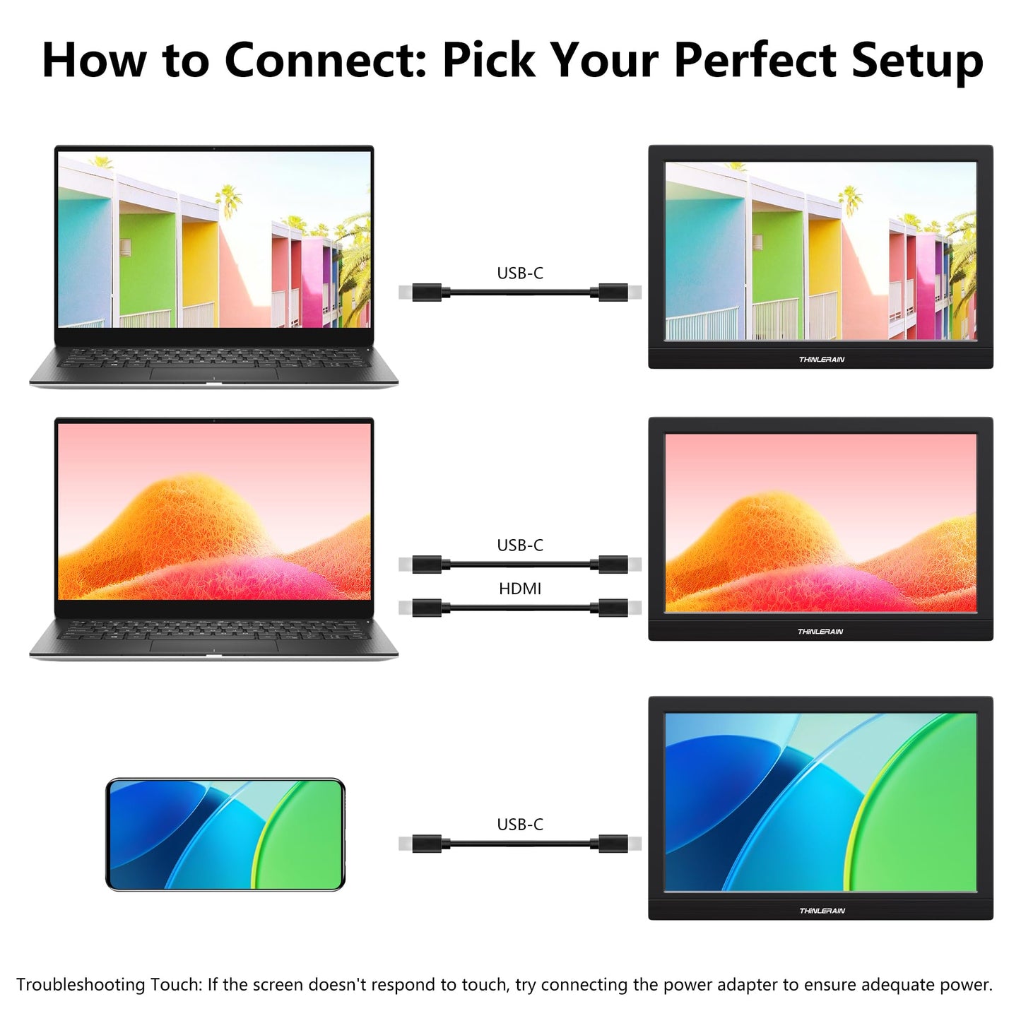 Thinlerain 11.6 Inch Portable Monitor Touchscreen, 10-Point Touch Screen Monitor Travel Screen with Kickstand & Speaker, HDMI USB C External Display for Laptop, PC, Phone
