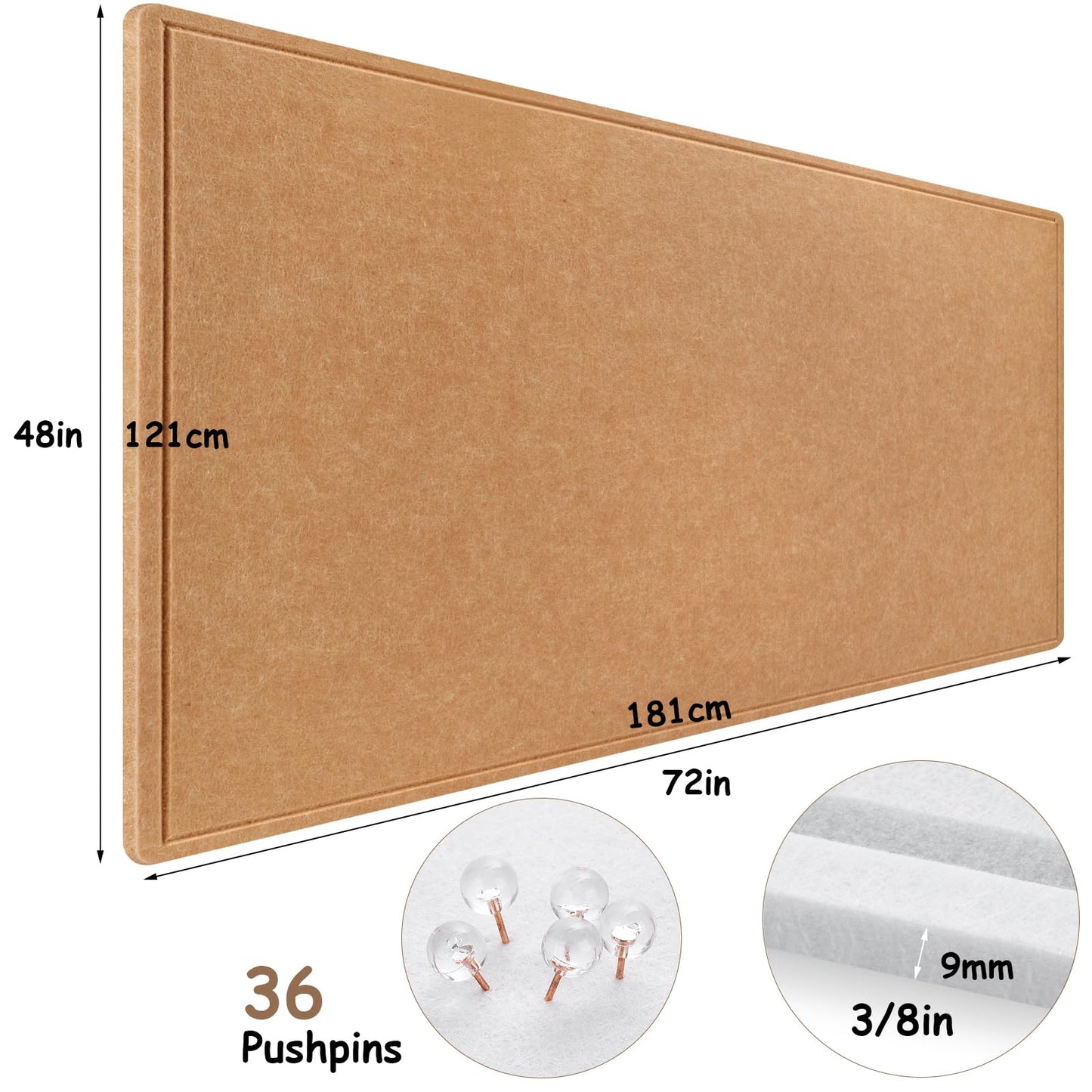 Large Bulletin Board, Foldable 72x48 Inches Cork Board Alternative, Large Felt Board Decorative Pin Board for Wall, Foldable Photo Board Self-Adhesive Vision Board with 36 Pushpins Brown