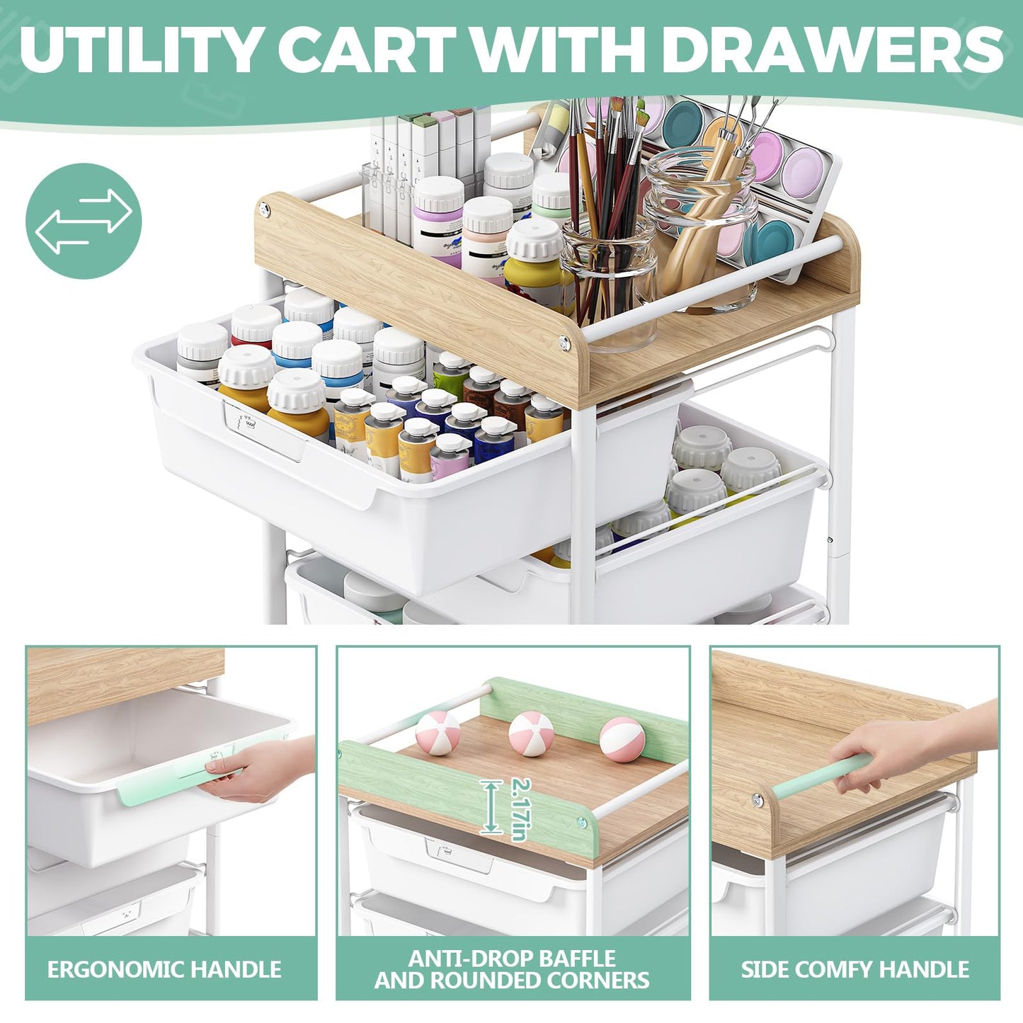 APEXCHASER Utility Cart with 5 Drawers,Rolling Storage Cart for Crafters Artists Kids Teacher Student Storage Arts Crafts & Sewing Study Supplies in Craft Room Dorm Classroom Kids Room-White