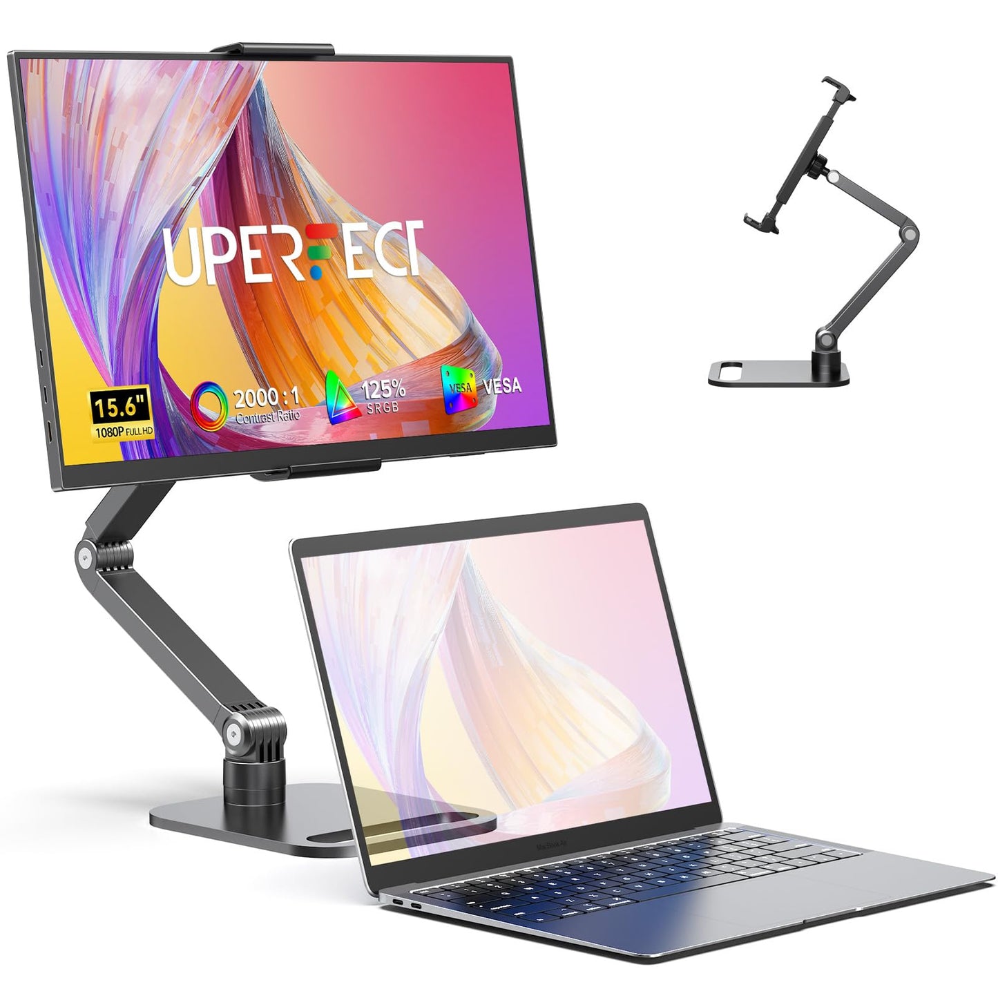 UPERFCET Portable Monitor, 15.6" 1080P 125% sRGB 2000:1 Contrast Ultra-Slim Laptop Monitor with Stand VESA USB-C Mini HDMI, Travel Second Screen for Computer, Phone, Mini PC, Game Consoles