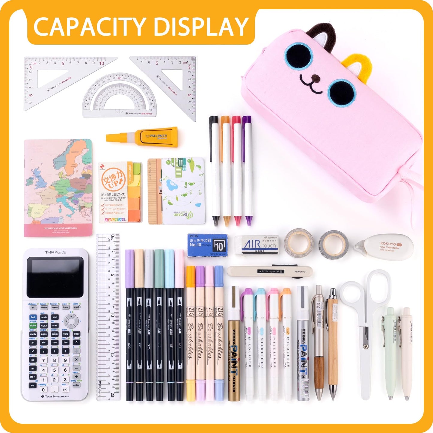 CICIMELON Cartoon Pencil Case, Large Capacity Pen Pouch with Embroidered Animal Design, School Supplies Bag for Kids, Teens, Students (Pink Kitty)