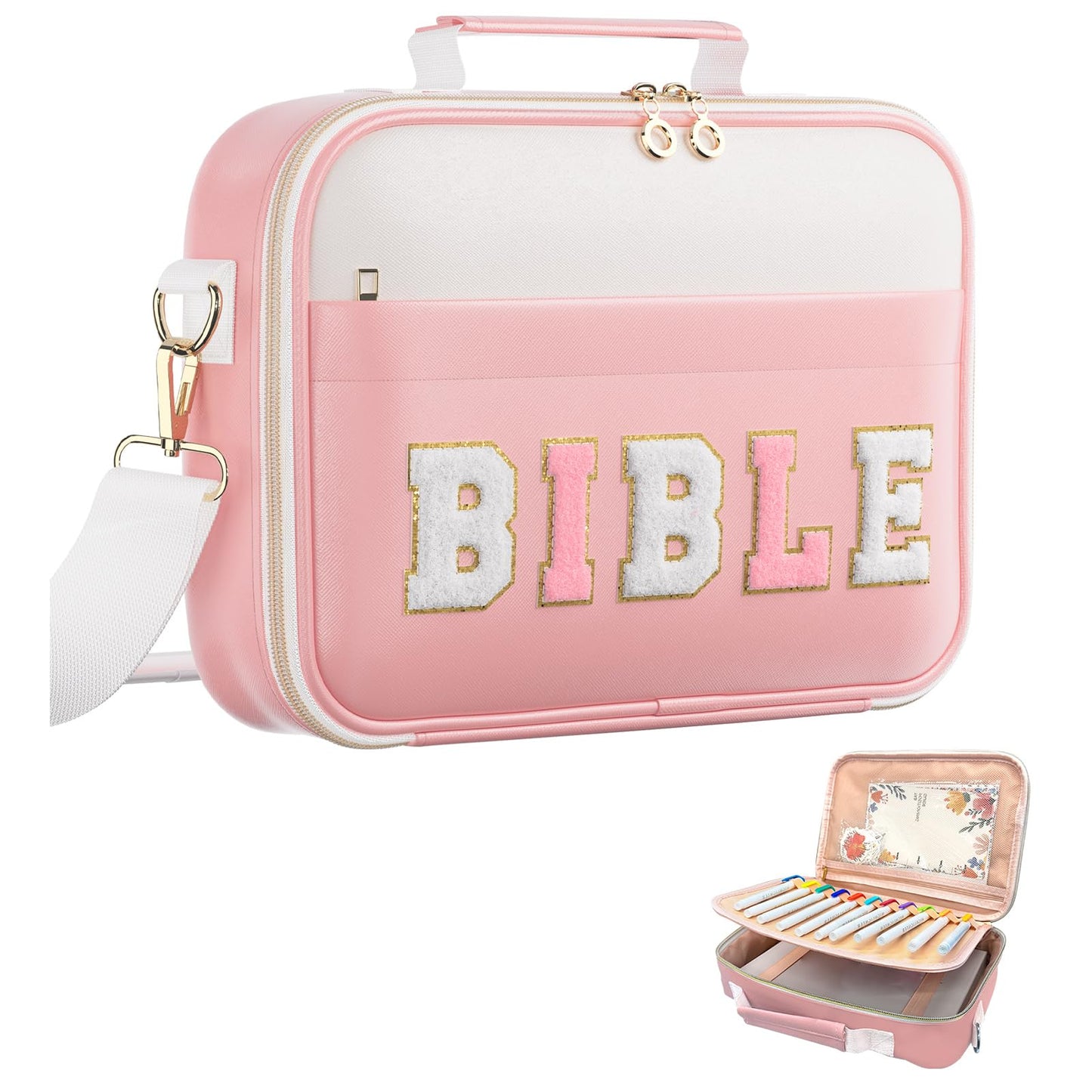 WOBAGMEN Bible Cover Case for Women,Large Leather Bible Book Covers with Bible Study Supplies, Bible Study Accessories Bible Journaling Kit,Pink Church Bag Christian Gifts for Women