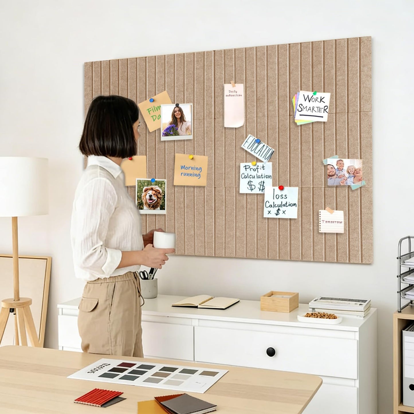 15 Pack Felt Bulletin Board, 35" x 59" Large Oatmeal Pinboard with 30 Push Pins, Felt Pin Board, Self-Adhesive Cork Board Tiles for Home, Office Walls, School Classroom Message Photos Display