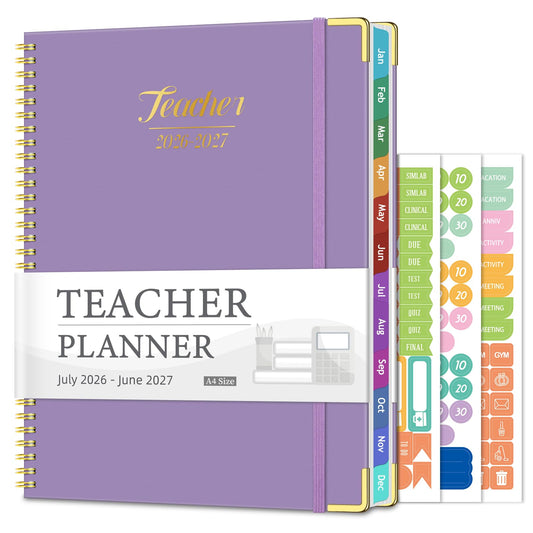 Teacher Planner 2026-2027, Jul 2026-Jun 2027 Academic Year, 8.5" x 11" Lesson Planner Book for Teachers Calendar, Spiral Bound Planners, Colorful Monthly Tabs, Hardcover, Corner Protectors, Stickers- Purple