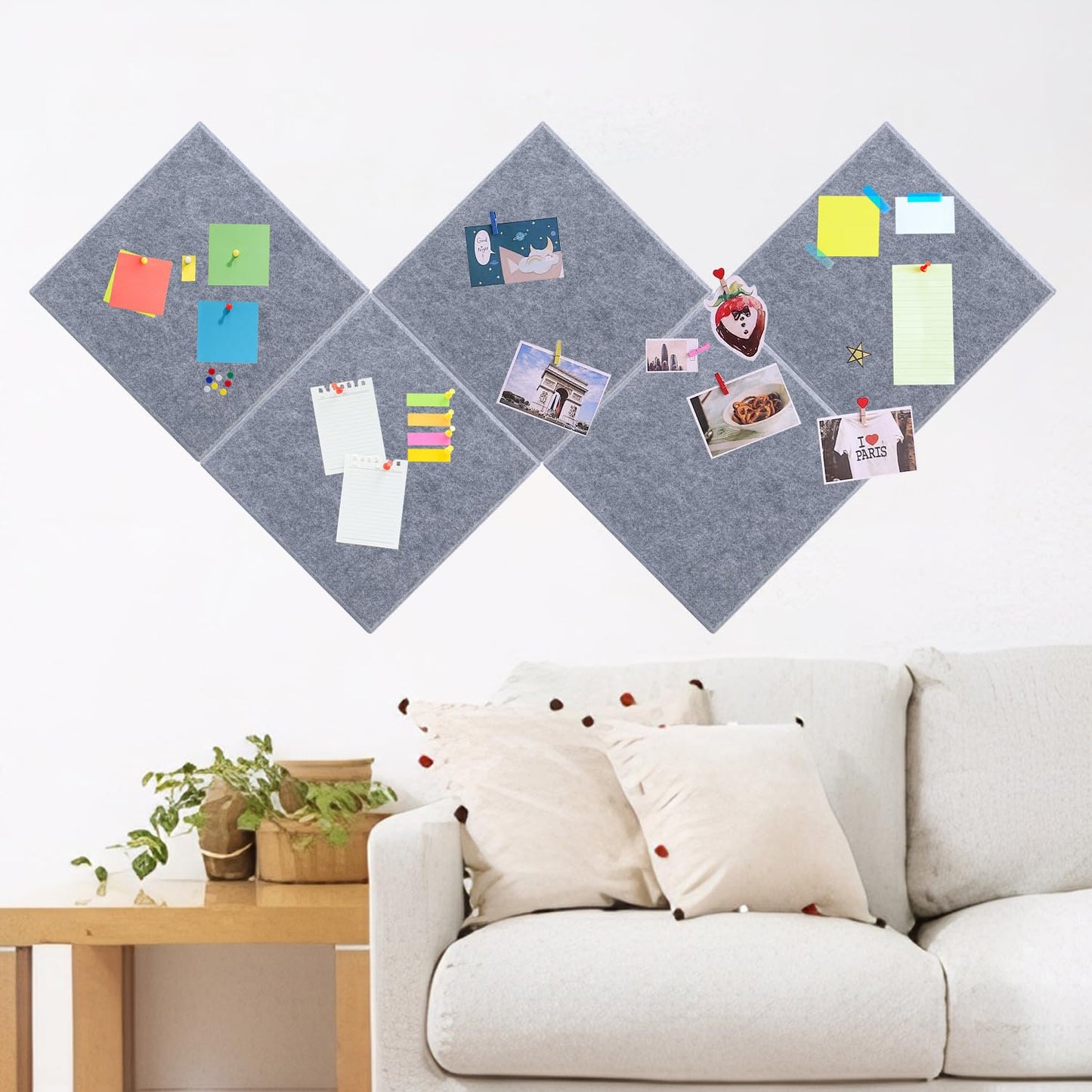 Geytetqi 12 Pack 12" x 12" Felt Boards, Grey Square Felt Wall Tiles, Self-Adhesive Cork Bulletin Board for Home, Office, and Kitchen Decor(1/2 Inch Thickness)