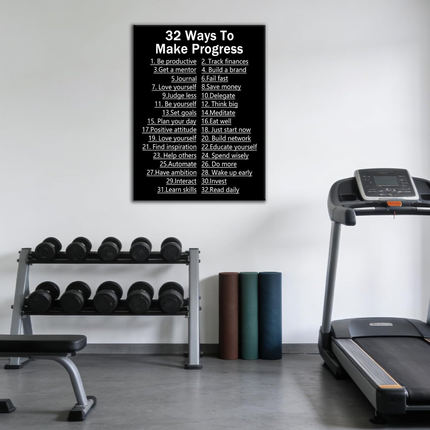 DINGFUN Inspirational Posters for Office 32 Ways to Make Progress Canvas Wall Art, Black White List Quote Single Panel Wall Decor for Home Office Dorm Classroom 24x18 Inch