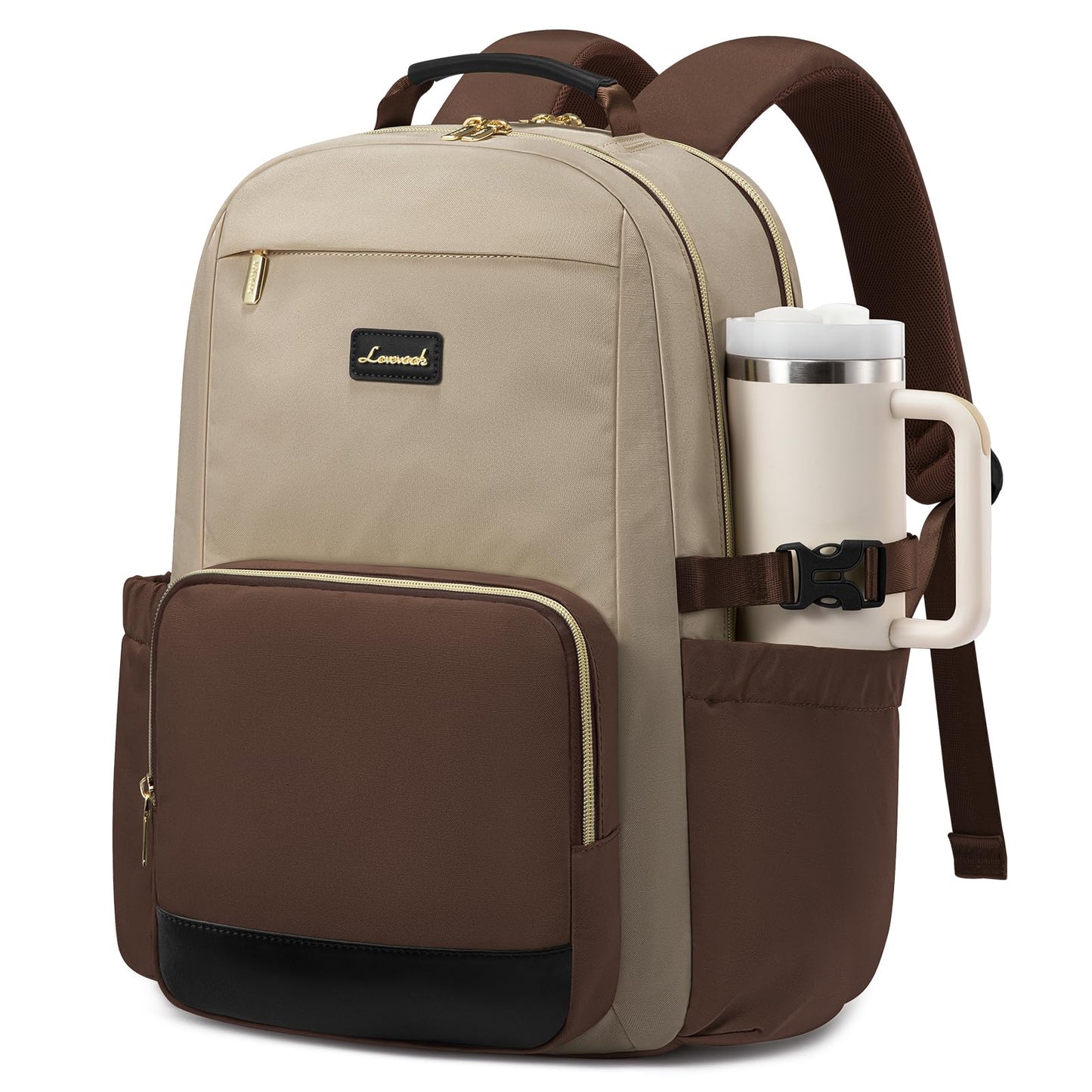 LOVEVOOK Laptop Backpack for Women with Pouch Pocket for Large Capacity Cup,15.6 Inch Teacher Nurse College Work Backpack Purse,Waterproof Laptop Bag Computer Back Pack for Travel, Khaki-Coffee-Black