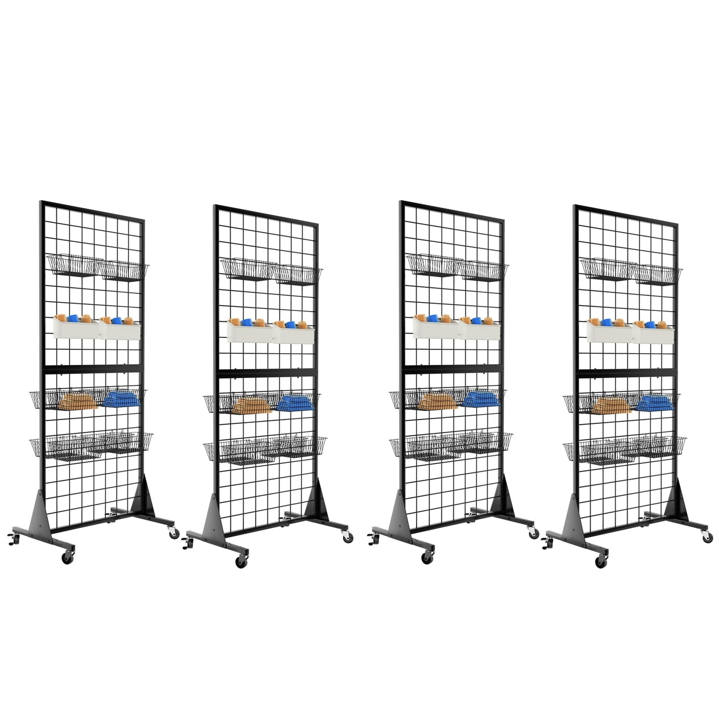 QKOSMTL 4-Pack Gridwall Panel Display Stand, 2'x5.5' Heavy Duty Floor Standing Rack with Detachable Girdwall, Movable Silent Wheel, Easy to Transport, Ideal for Retail & Craft Fairs