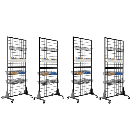 QKOSMTL 4-Pack Gridwall Panel Display Stand, 2'x5.5' Heavy Duty Floor Standing Rack with Detachable Girdwall, Movable Silent Wheel, Easy to Transport, Ideal for Retail & Craft Fairs