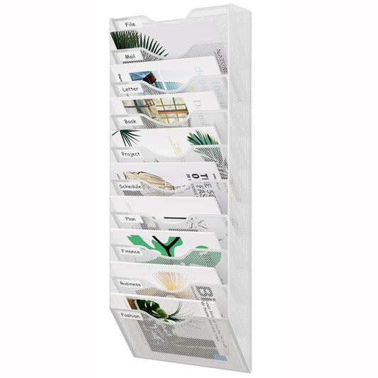 EasyPAG 10 Pocket Mesh Wall File Organizer, Hanging Paper Folder Holder with Classify Label, Vertical Wall Mount Mail Organizer for Office Home Classroom, White