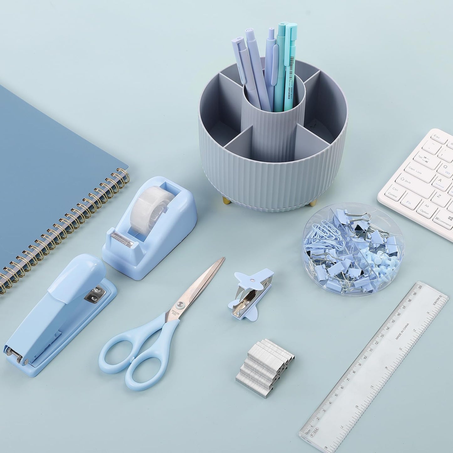 SKYDUE Desk Organizers and Accessories 10Pcs, 360-Degree Rotating Pen Holder, Stapler, Staple Remover, Tape Dispenser,2pcs Tape Refills, Binder Paper Clips Kit, Scissor (Blue)
