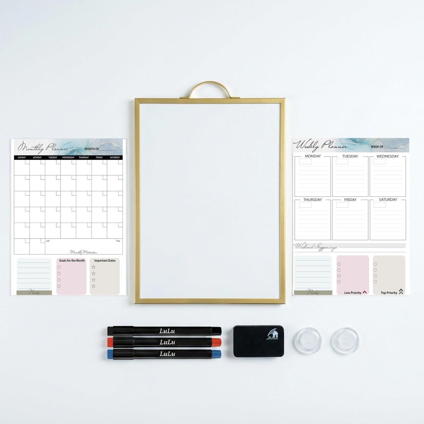 Lulu Office Magnetic Dry Erase Board 12x16 with Handle, Double Sided Portable Gold Whiteboard for Home, Office, School & Kitchen, Includes Weekly & Monthly Magnetic Planner Sheets
