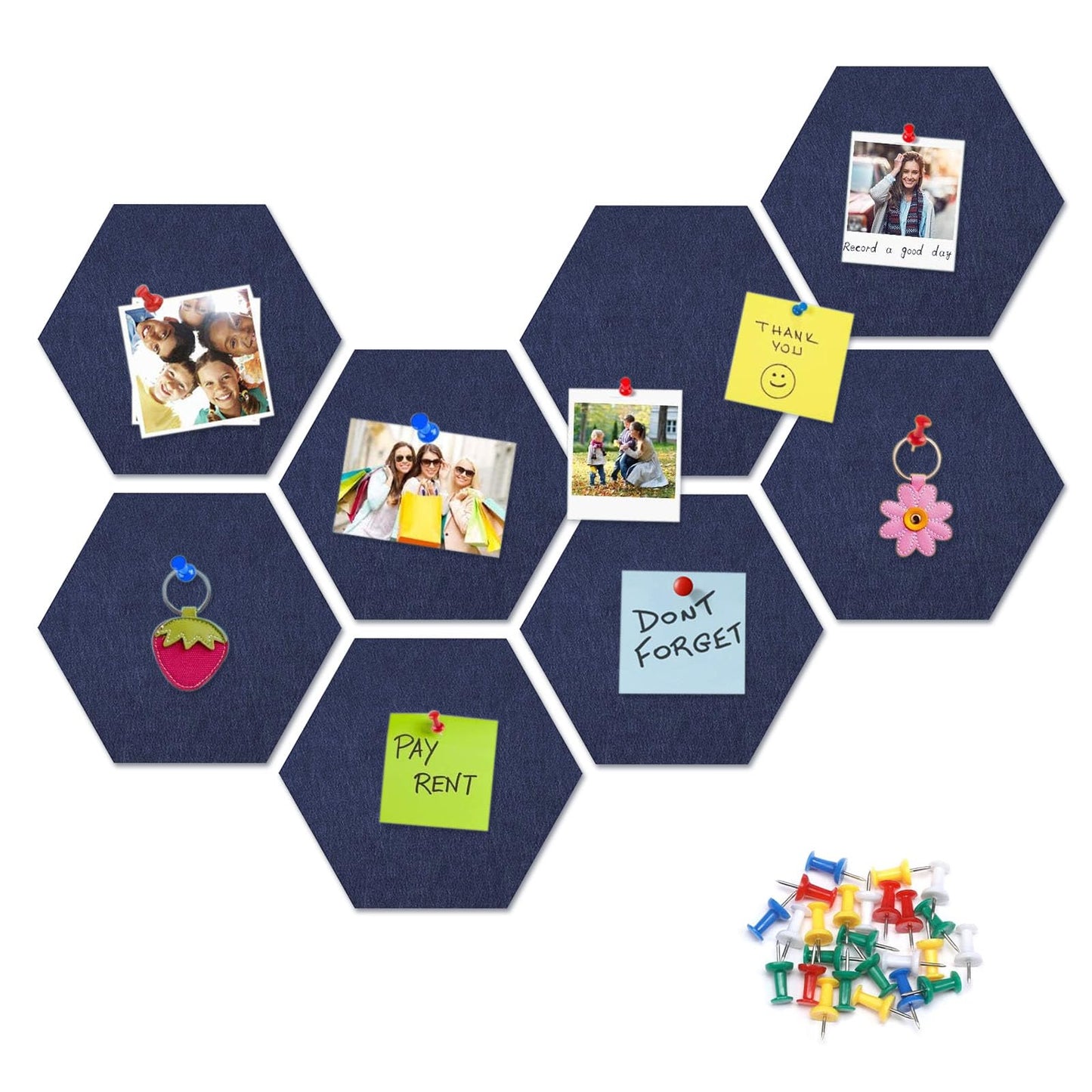 8 Packs Navy Blue Hexagon Felt Pin Board, 12" Bulletin Board with 30 Push Pins, Felt Board for Home Kitchen Office Decor, Self-Adhesive Corkboard Tiles for Walls Message Photos Memos Display