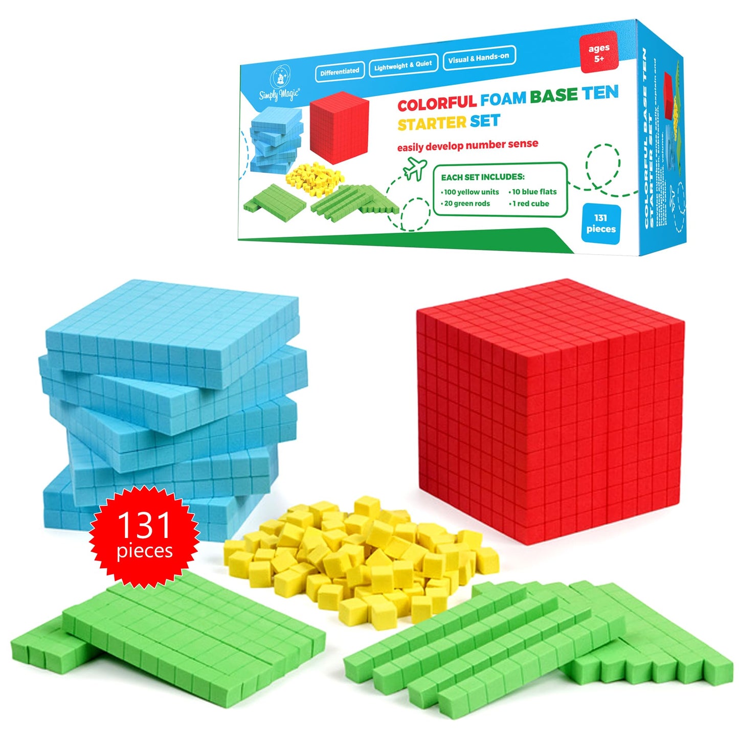 Simply magic 131 PCS Foam Base Ten Blocks for Math - Place Value Blocks, Base 10 Math Manipulatives K-3, Math Counters, Number Blocks, Math Cubes, Counting Blocks - Kindergarten 1st 2nd 3rd Grade