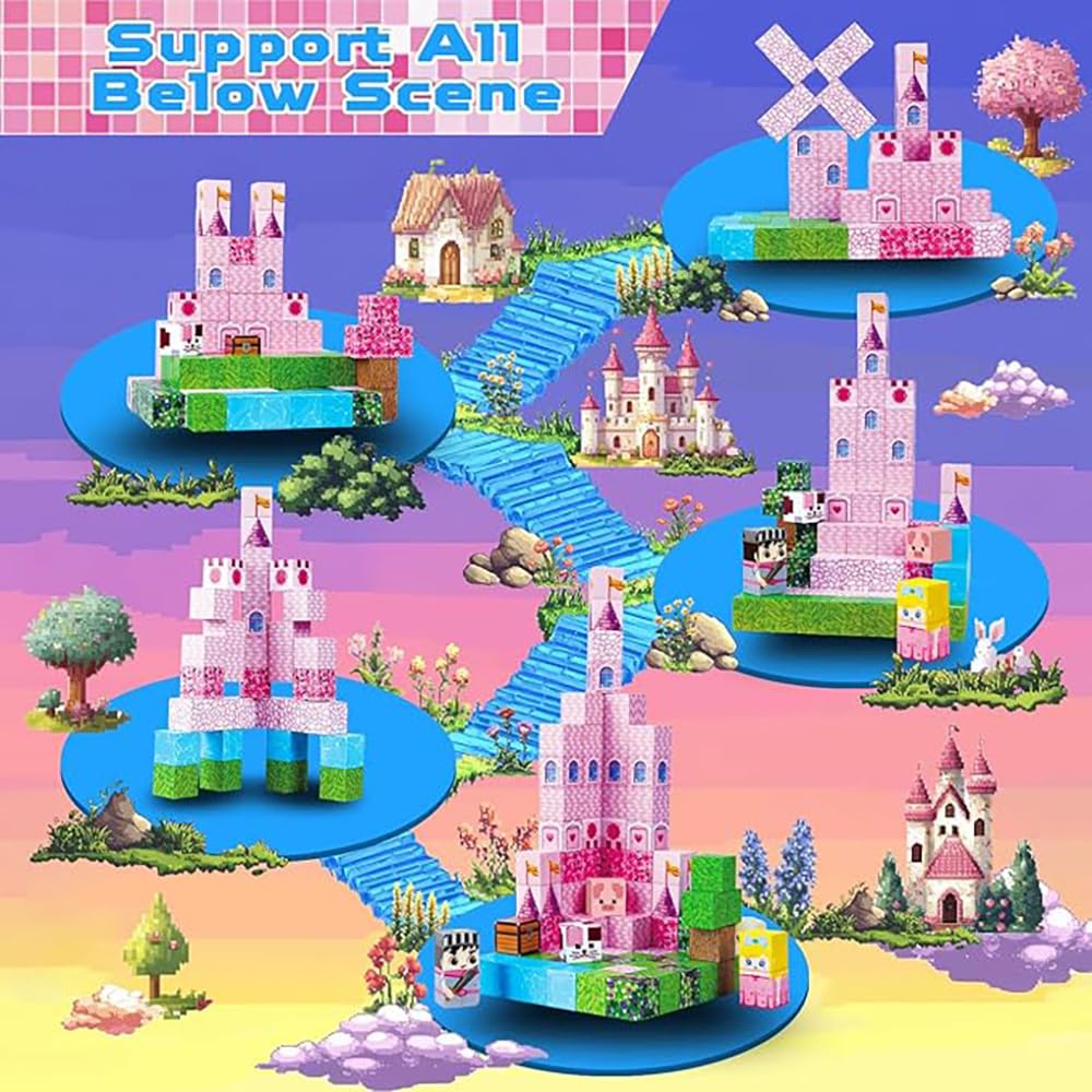 DOFASNCN Pink Magnetic Building Blocks Magnetic Building Tiles Toys for Boys Girls Age 3+，Creative Plastic Magnet Square Gift for Kids Pink Castle 100PCS