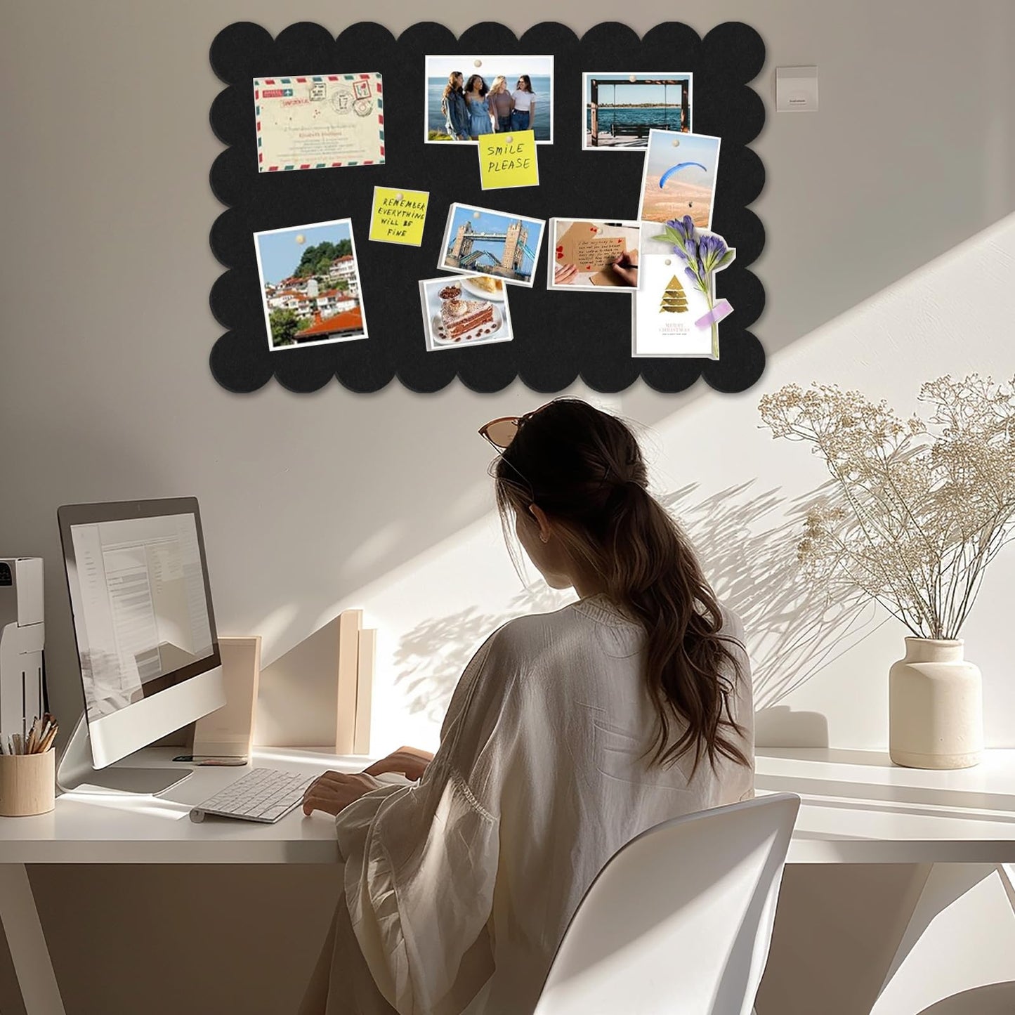 Black Scalloped Felt Bulletin Board - 36 x 24 Inches Large Felt Board Foldable Cork Board Alternative Photo Board Self-Adhesive Vision Board Decorative Pin Board for Wall