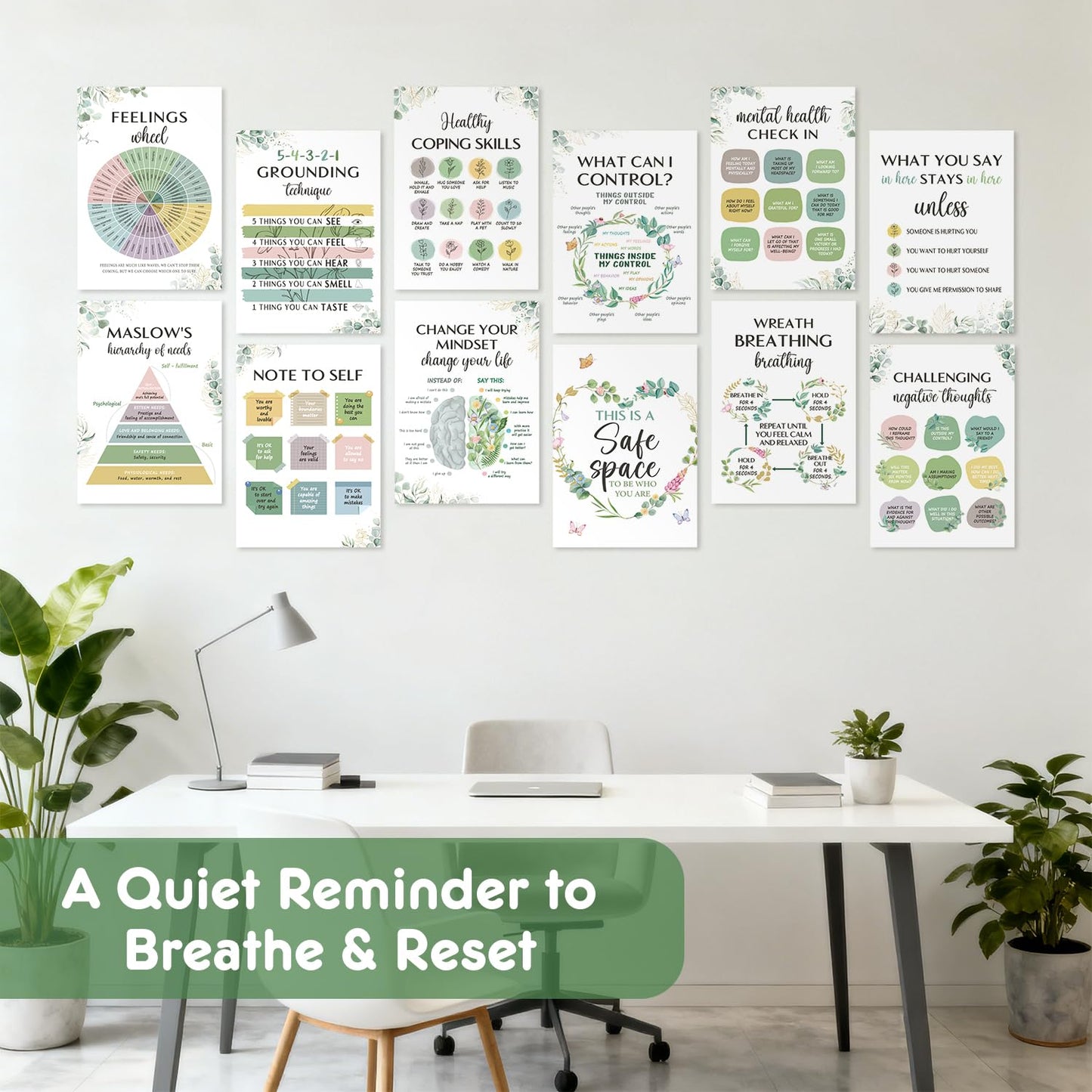 SEOIFUNG 12 Pcs Mental Health Growth Mindset Change Posters Set (11x17") - Safe Space Feelings Wheel Coping Skill Poster for Therapy Counseling Office School Home Wall Decor Counselor Therapist Gifts