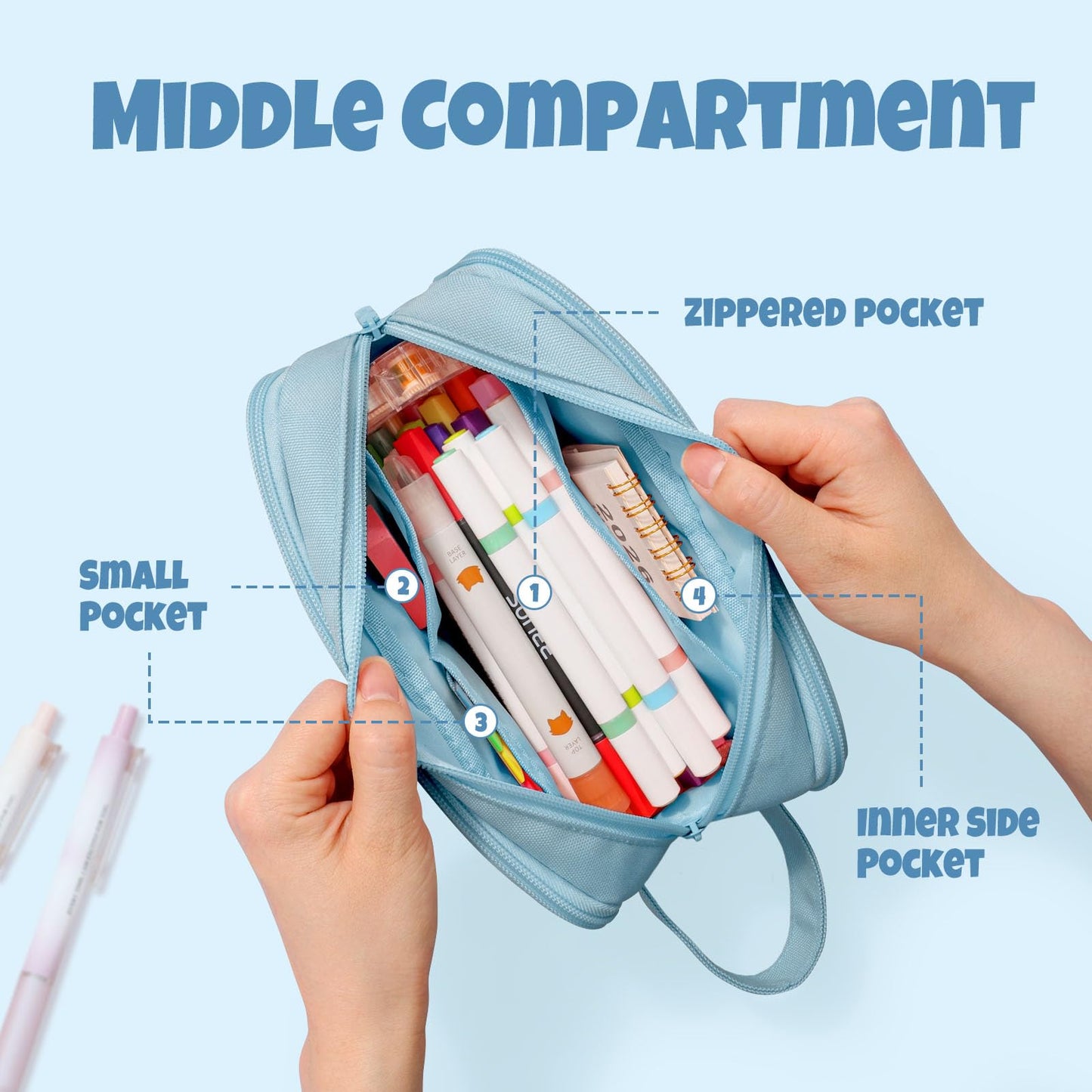 SUNEE Large Capacity Pencil Case with 3 Compartment, Extra Big Pencil Pouch, Pencil Bag with Zipper, Cute High Stationery Organizer, Oxford Pen Box School Supplies for Student Teen Girls Boys, Blue