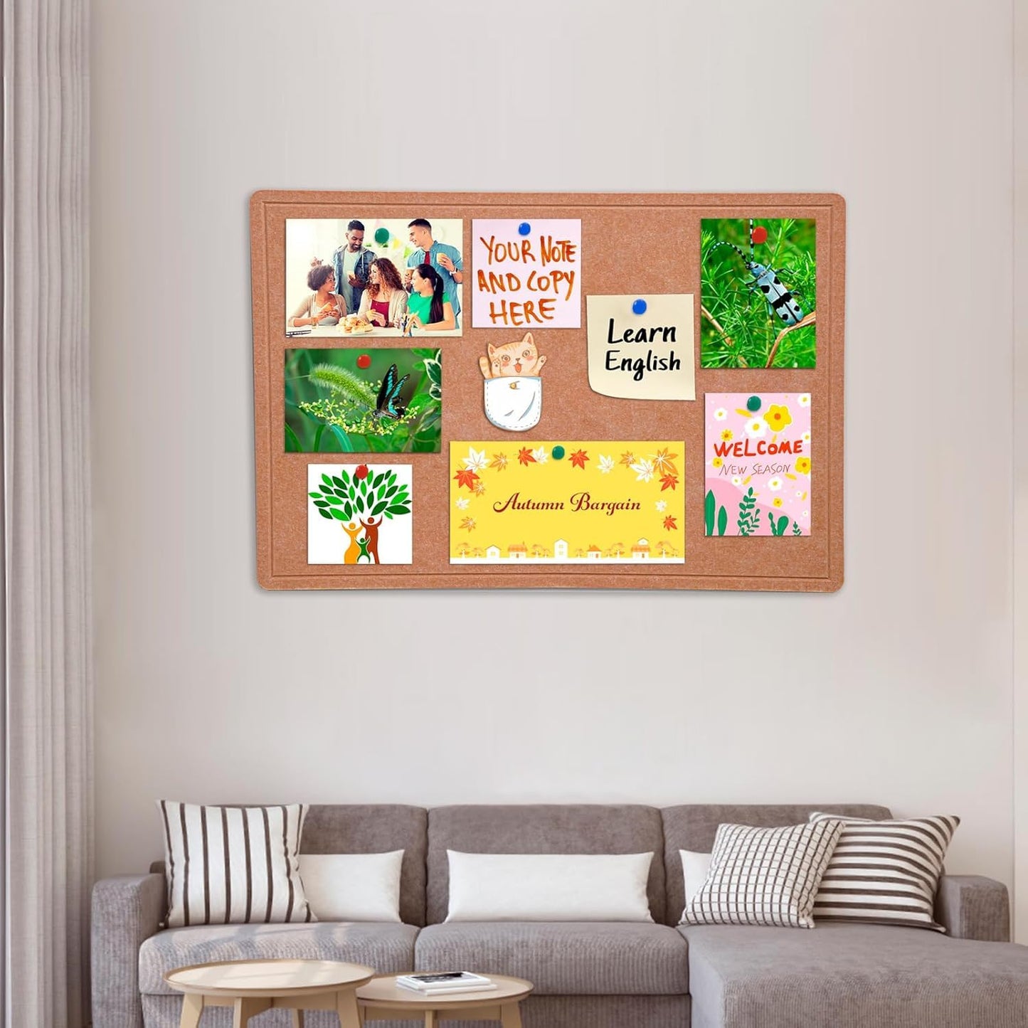 Large Bulletin Board, 48 X 36 inches Cork Board with 30 Pushpin, 4' x 3' Felt Cork Board Notice Pin Board, Self-Adhesive Vision Board Mood Board Foldable Photo Board for Wall - Ginger Yellow