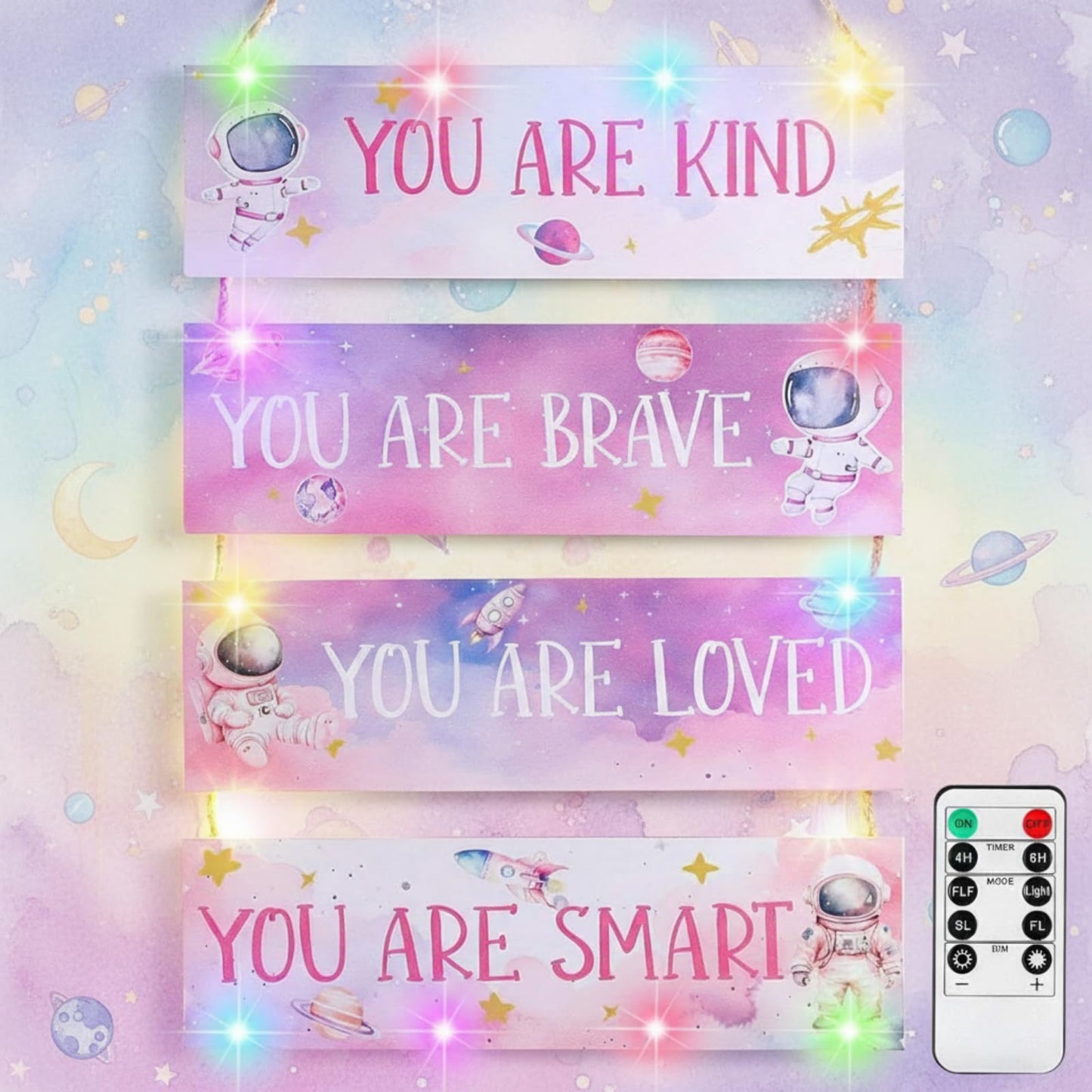 4 Pcs Space Room Decor for Kids Girls Pink Space Wall Art Bedroom Decor with Light and Remote Nursery Classroom Astronaut Galaxy Posters Spaceman Wood Sign Be Brave and Be Kind for Baby Girls