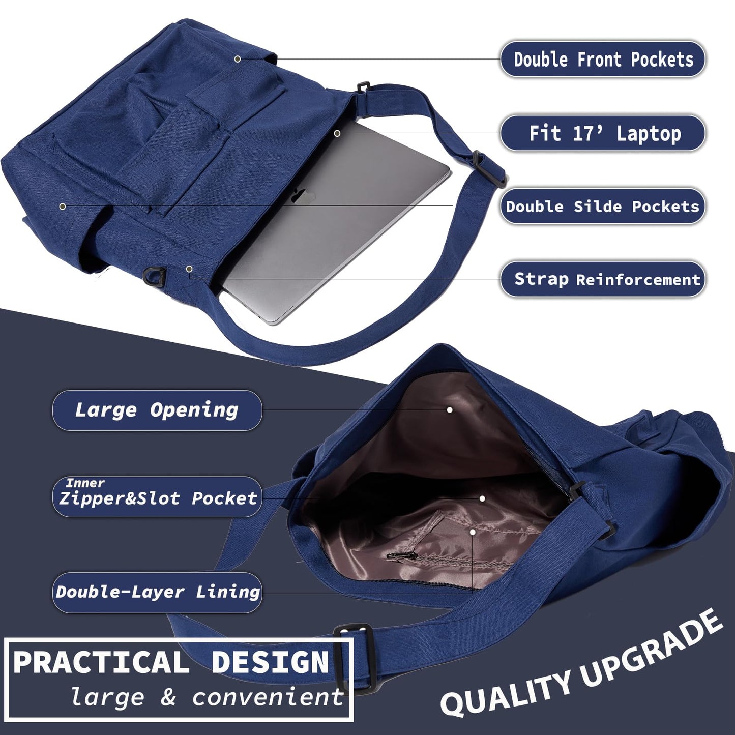 Canvas Messenger Bag Large Hobo Crossbody Bag with Multiple Pockets Casual Shoulder Tote Bag for Women and Men