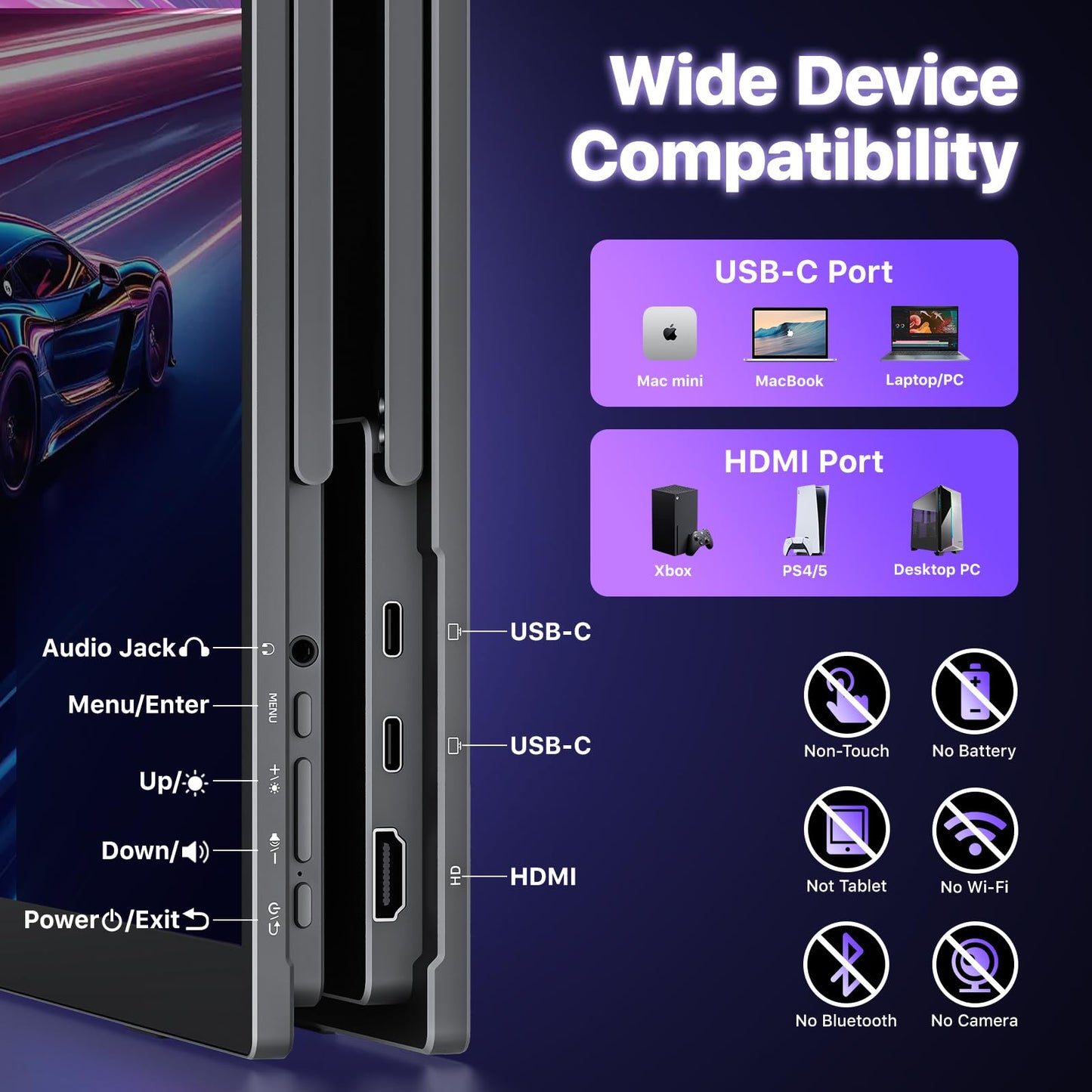 VisionOwl Portable Monitor 18.5 Inch 2K QHD 120Hz Second Screen, USB-C HDMI HDR Travel Monitor for Laptop PC MacBook PS5 Xbox, VESA Mountable, with Speakers, Built-in Kickstand