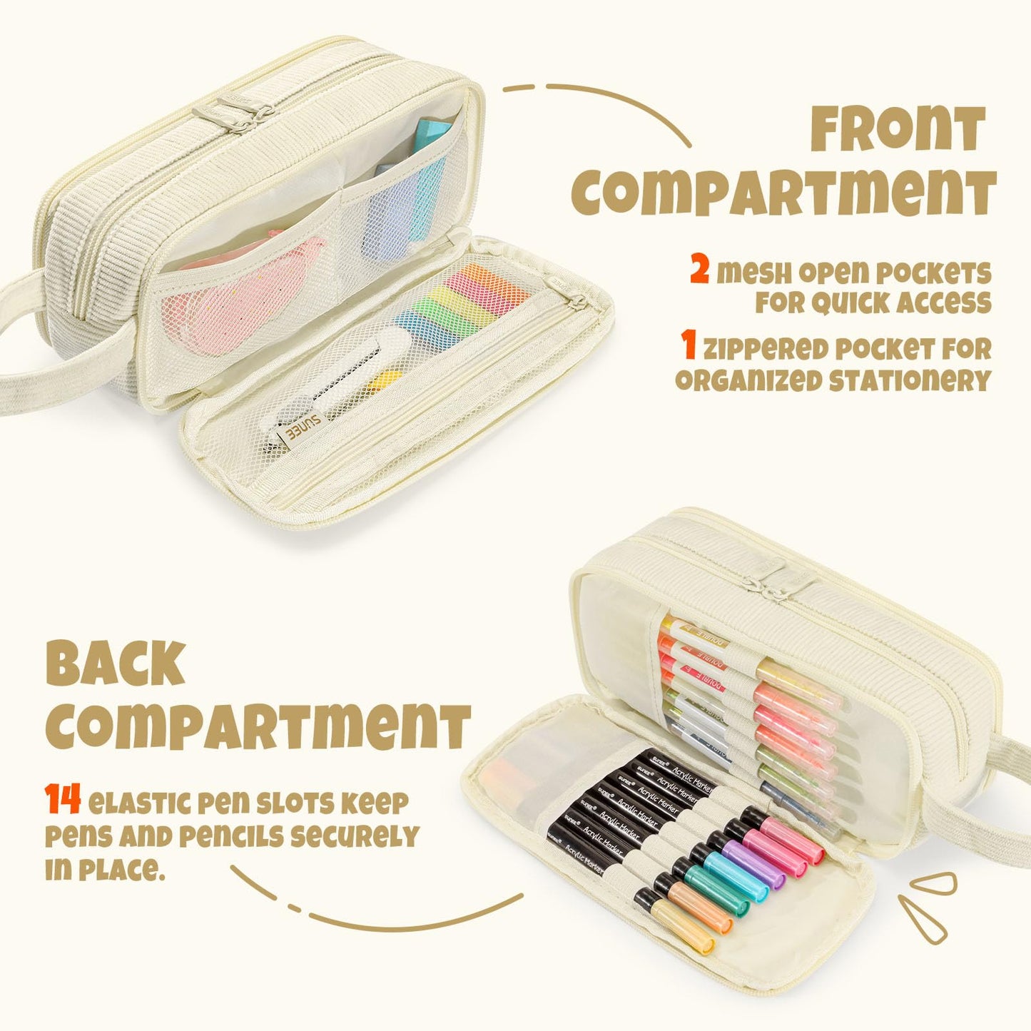 SUNEE Large Capacity Pencil Case with 3 Compartment, Extra Big Pencil Pouch, Pencil Bag with Zipper, Cute Stationery Organizer, Soft Corduroy Pen Box School Supplies for Student Teen Girls Boys, Beige