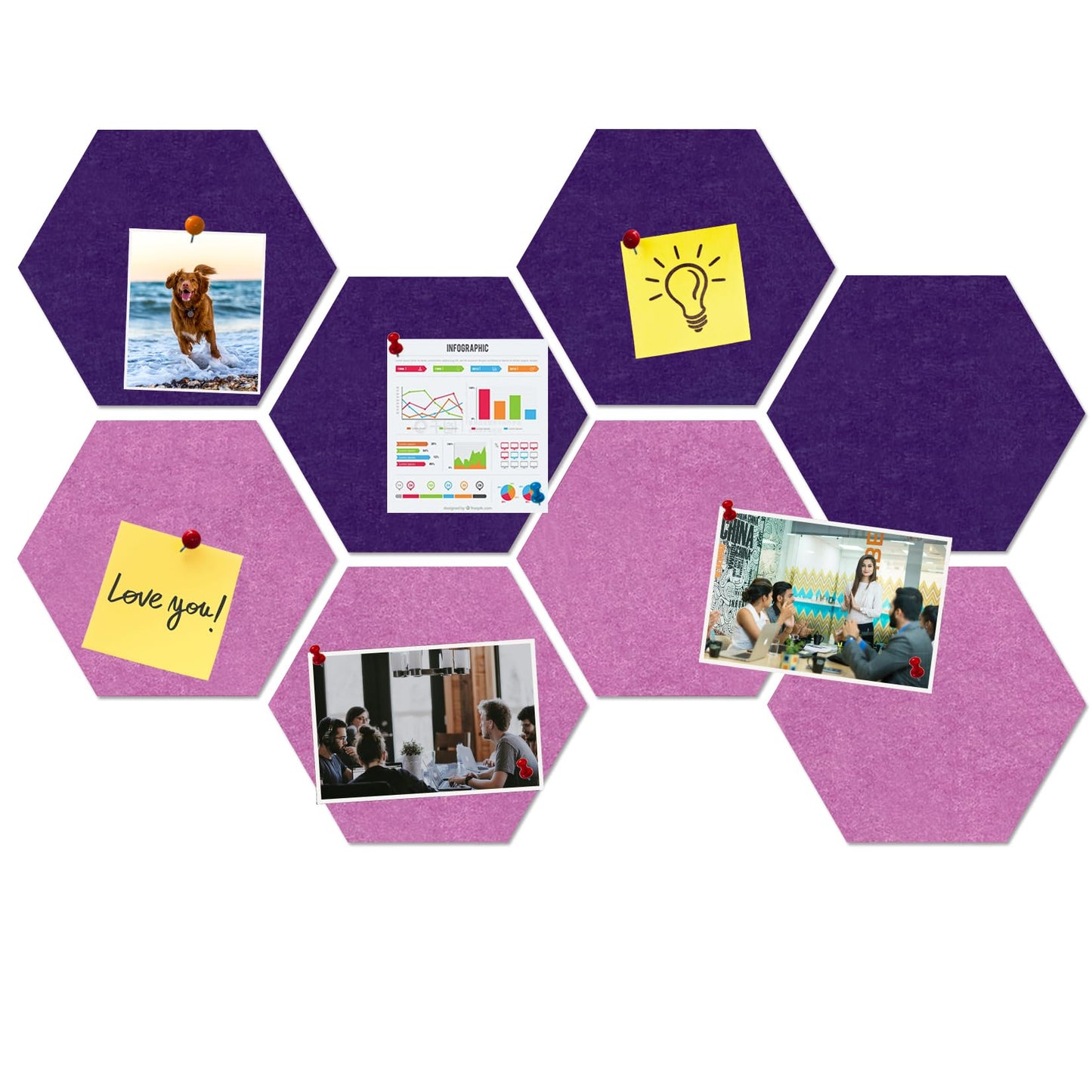 HULAVO Large Hexagon Felt Cork Board Tiles, Self Adhesive DIY Felt Bulletin Board Pin Board with 35 Pushpins for Office School Home Wall Decor(Purple+Light Purple)