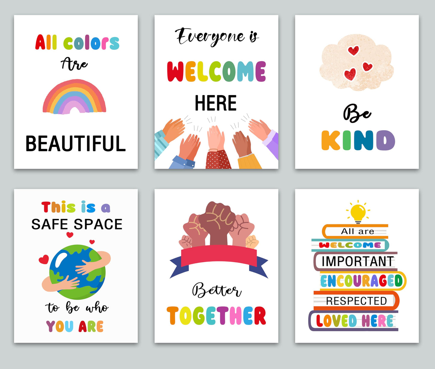 KDMAZH 6 Classroom Posters - Kindness & Diversity for Elementary Classroom Decor, 8x10Inch, Unframed