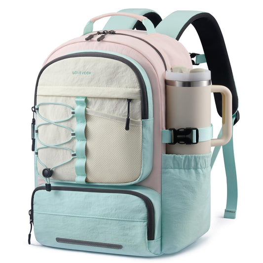 LOVEVOOK School Backpack for Teen Girls, Unique Style College Student Backpacks with Large Cup Holder, Cute Kid Bookbag with Pens Compartment, Large Capacity Back to School Backpack Fit 15.6'' Laptop
