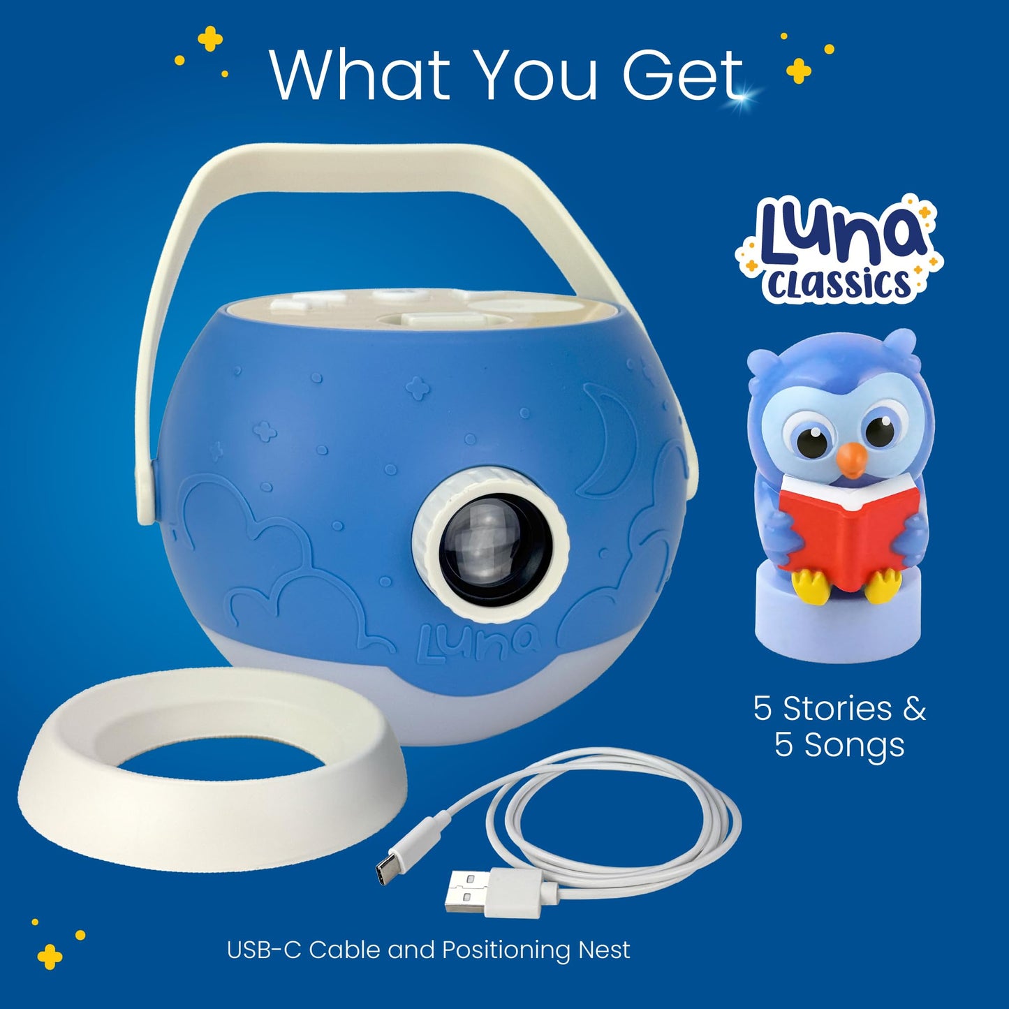 LUNA STORYTIME Kids Book Projector - 5 Read-Aloud Stories, 5 Songs, Night Light & Soothing Dream Music | Children Ages 3+ Storytime Projector for Kids & Toddlers | Educational Toys, Owl