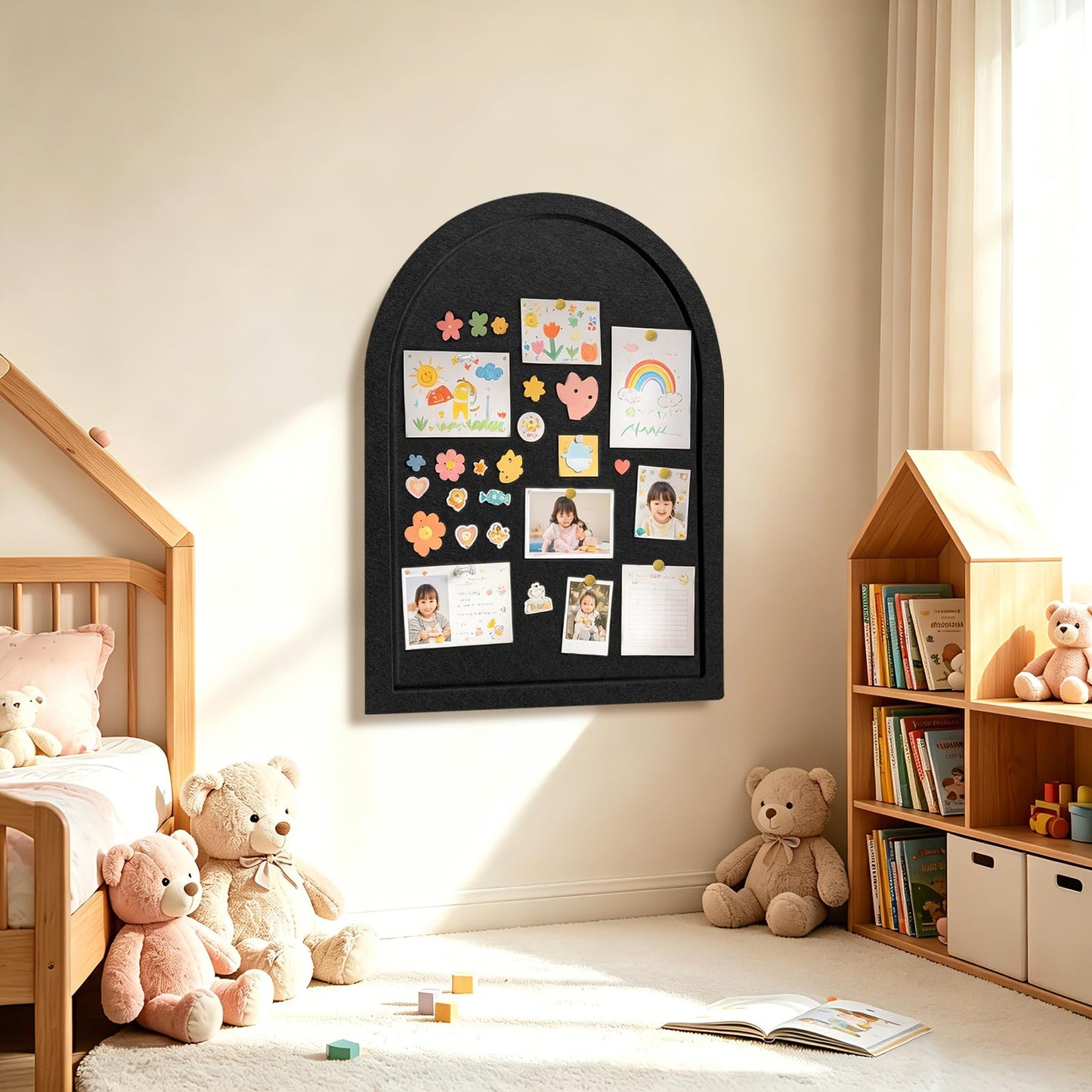 Arched Felt Bulletin Board, Sized 24" x 18" Cork Board Alternative Grooved Edge Foldable for Office & Wall, Customizable Adhesive Tiles with Pins Hooks for Photo Display School Home Office, Black