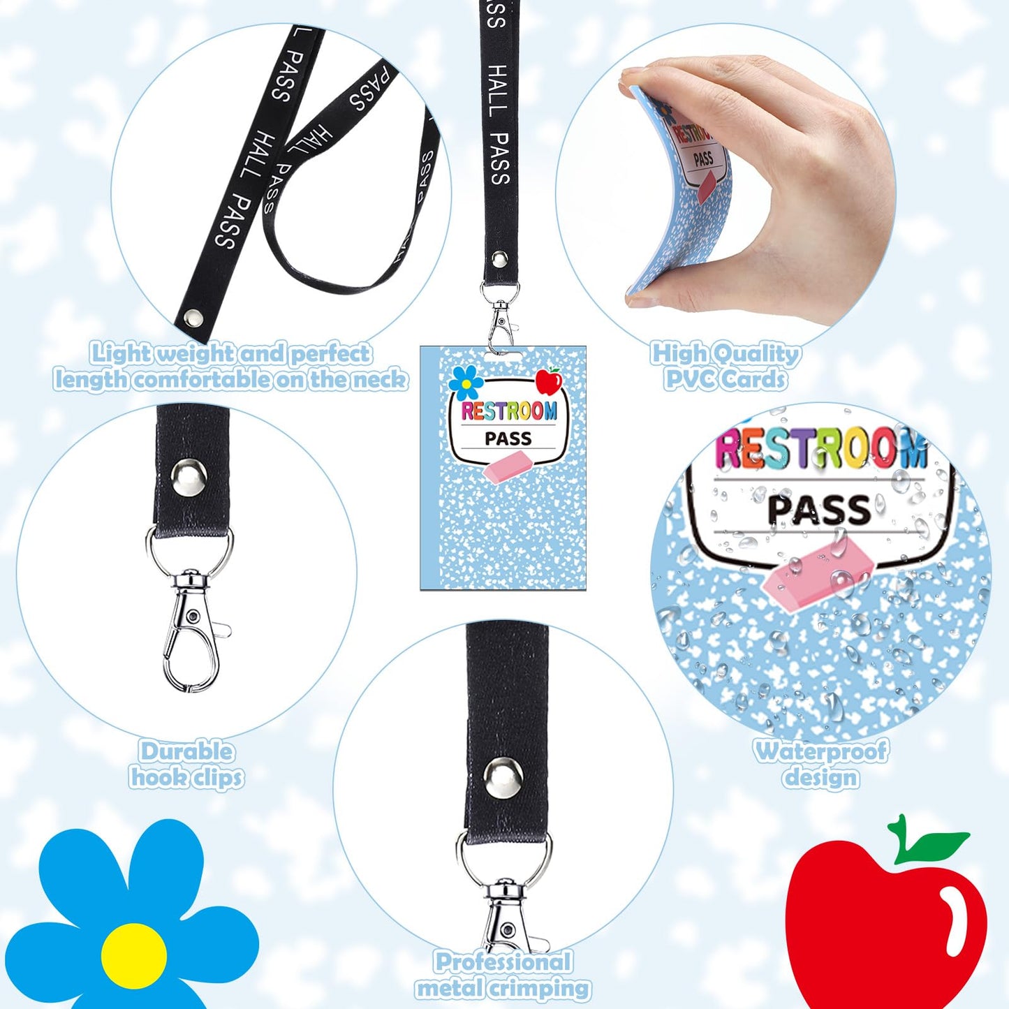 Fuyoooo 16 Set Colorful Composition Notebook Hall Pass Lanyards Unbreakable PVC Rainbow Classroom Passes with Lanyards Bathroom Boy Girl Library Hall Office Nurse Pass 2.4 x 3.5