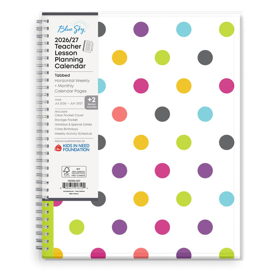 Blue Sky 2026-2027 Weekly and Monthly Academic Year Teacher Lesson Planner Calendar, July 2026 - June 2027, 8.5" x 11", Clear Pocket Cover, Wirebound, Laminated Tabs, Storage Pocket, Dots