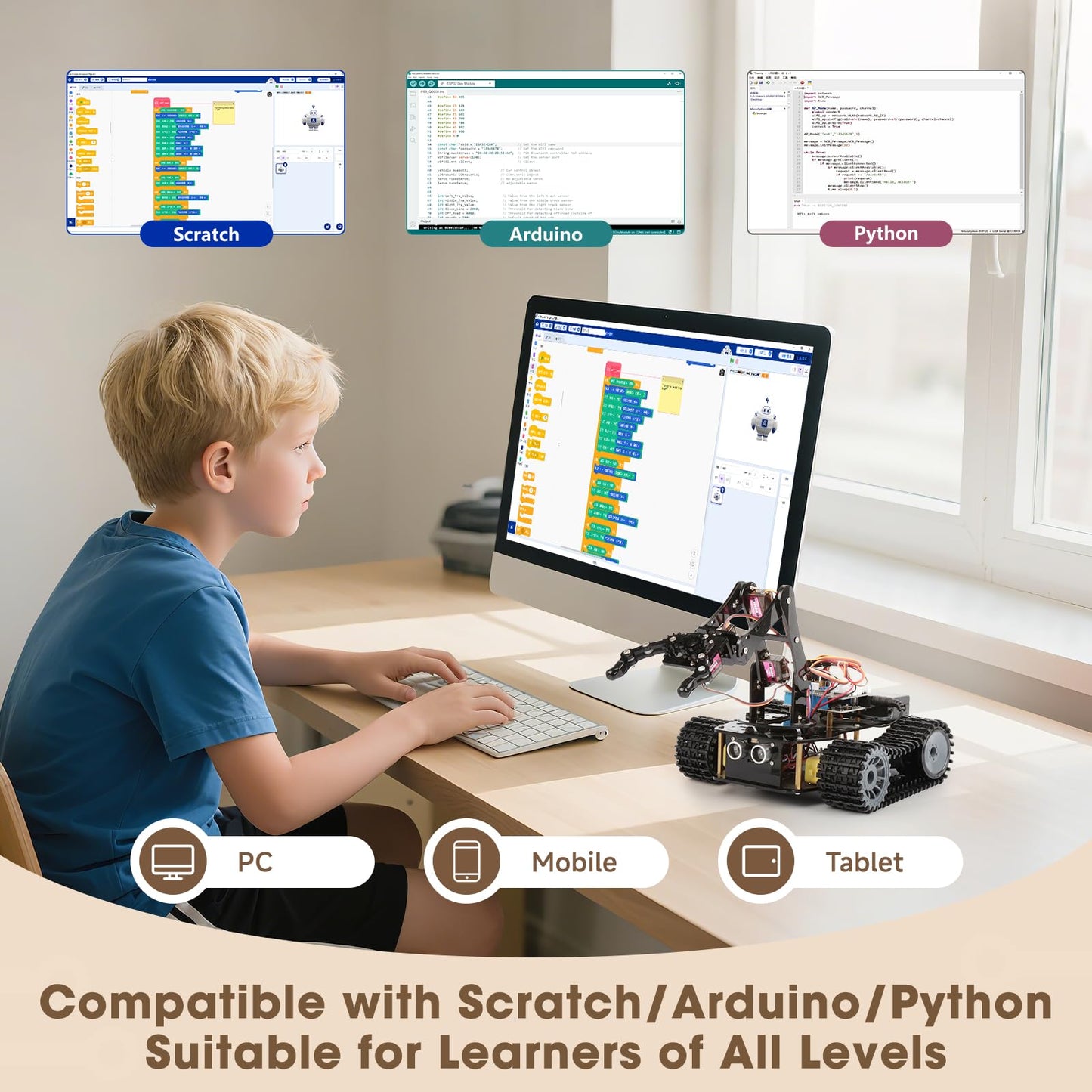 Robotics for Kids Ages 12-16, ACEBOTT 4 in 1 Smart Robot Arm with 5DOF + Tank Car, STEM Toys Coding Kit Compatible with Arduino & Scratch, App & Remote Control, for Kids & Teens