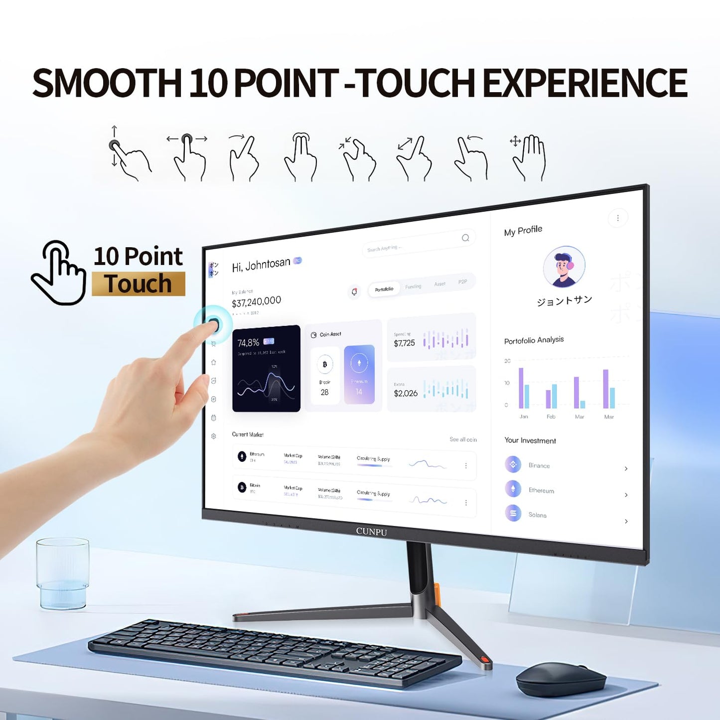 CUNPU 24 Inch Touchscreen Monitor, 10 Point Touch, FHD 1080P 75Hz IPS Screen, 100% SRGB, VESA Wall Mountable, Tilt Adjustment, VGA HDMI USB for PC, Laptop Business & Work Station, Warehouse