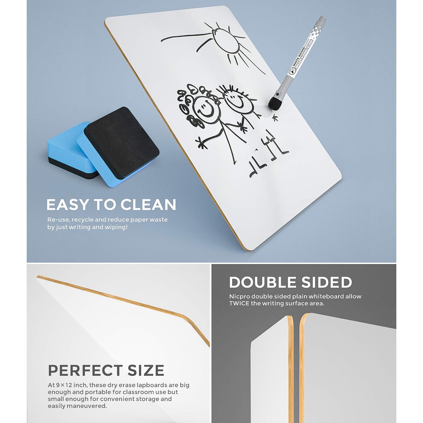 Nicpro Dry Erase Lap Board 9 x 12 inches 2 Pack Double Sided Blank Small Lapboard with 8 Pens, 2 Eraser, Learning Mini Whiteboard Portable Drawing Board for Student and Classroom Use