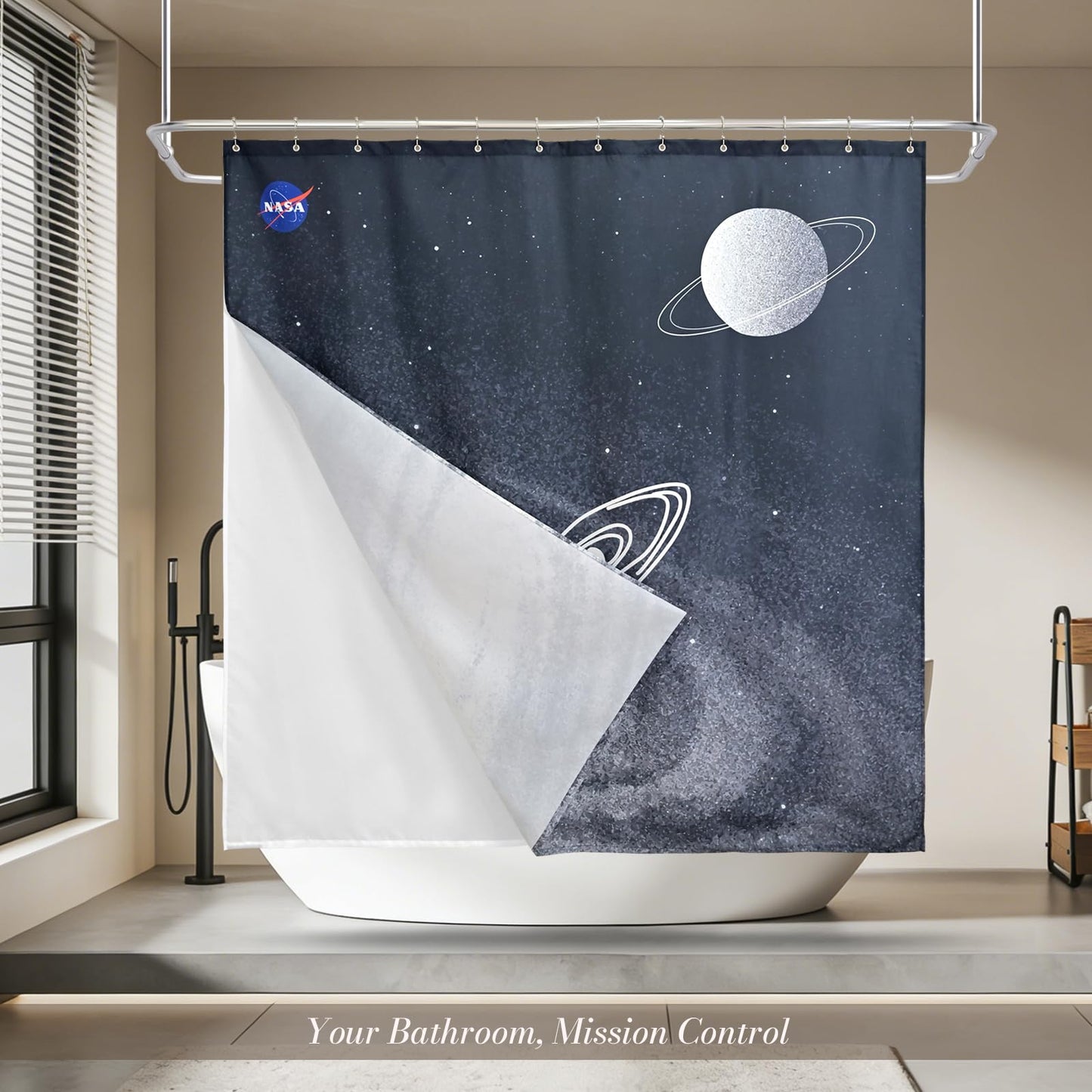 DRIFTED ROOT NASA Licensed Shower Curtain Set, Starlane Drift Spiral Galaxy Rocket Design, Space Poster Art, Oxford Cloth, Bathroom Hotel Decor (Starlane Drift-Black/Gray, 72" W x 72" L (Pack of 1))