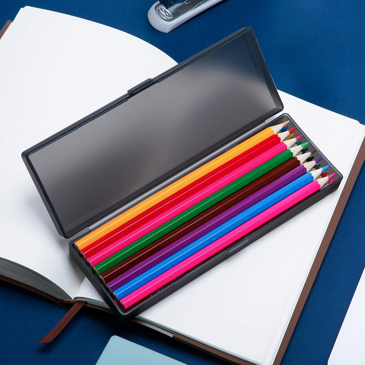 Chinco 4 Pieces Plastic Pencil Case Plastic Stationery Case with Hinged Lid and Snap Closure for Pencils, Pens, Drill Bits, Office Supplies (Black, Pink, White, Green)