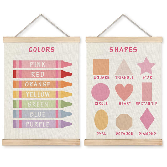 Supwhd Shapes Colors Posters for Classroom Wall, Shapes Colors Learning Poster Hanger Frame Wall Decor for Classroom Nursery Kids Room Playroom Preschool Decor, 12x16 Set of 2（Pink）