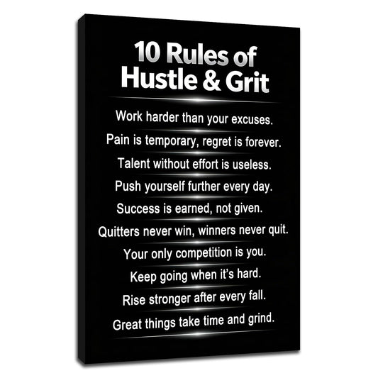 PSYYSP Motivational Wall Art 10 Rules Of Hustle And Grit Inspirational Posters Canvas Decor Inner Framed Entrepreneur Mindset Positive Quotes Painting For Home Office Gym 18x12 Inch