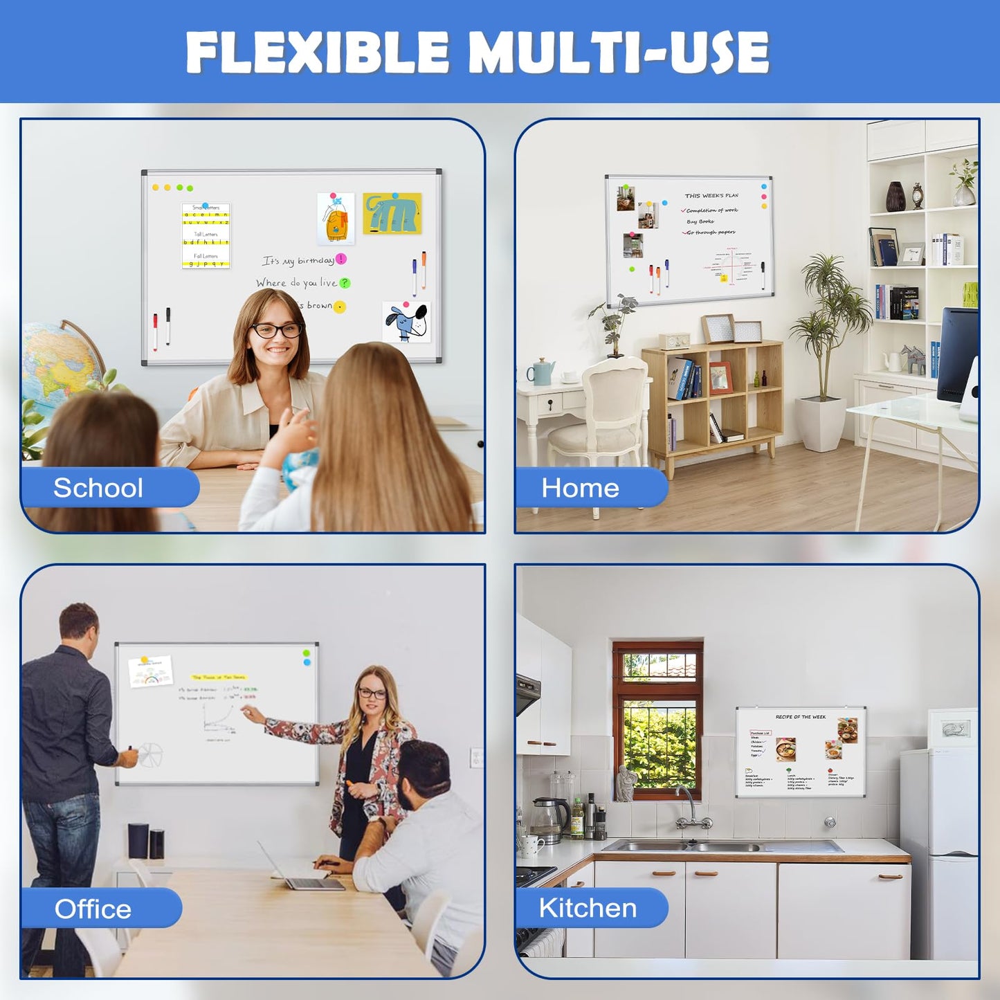 WALGLASS 4 Pack White Board, 24" x 18" Double-Sided Dry Erase White Board for Wall, Hanging Mounted Whiteboard, Horizontal or Vertical Silver Aluminium Frame for Home, School, Office, Kitchen