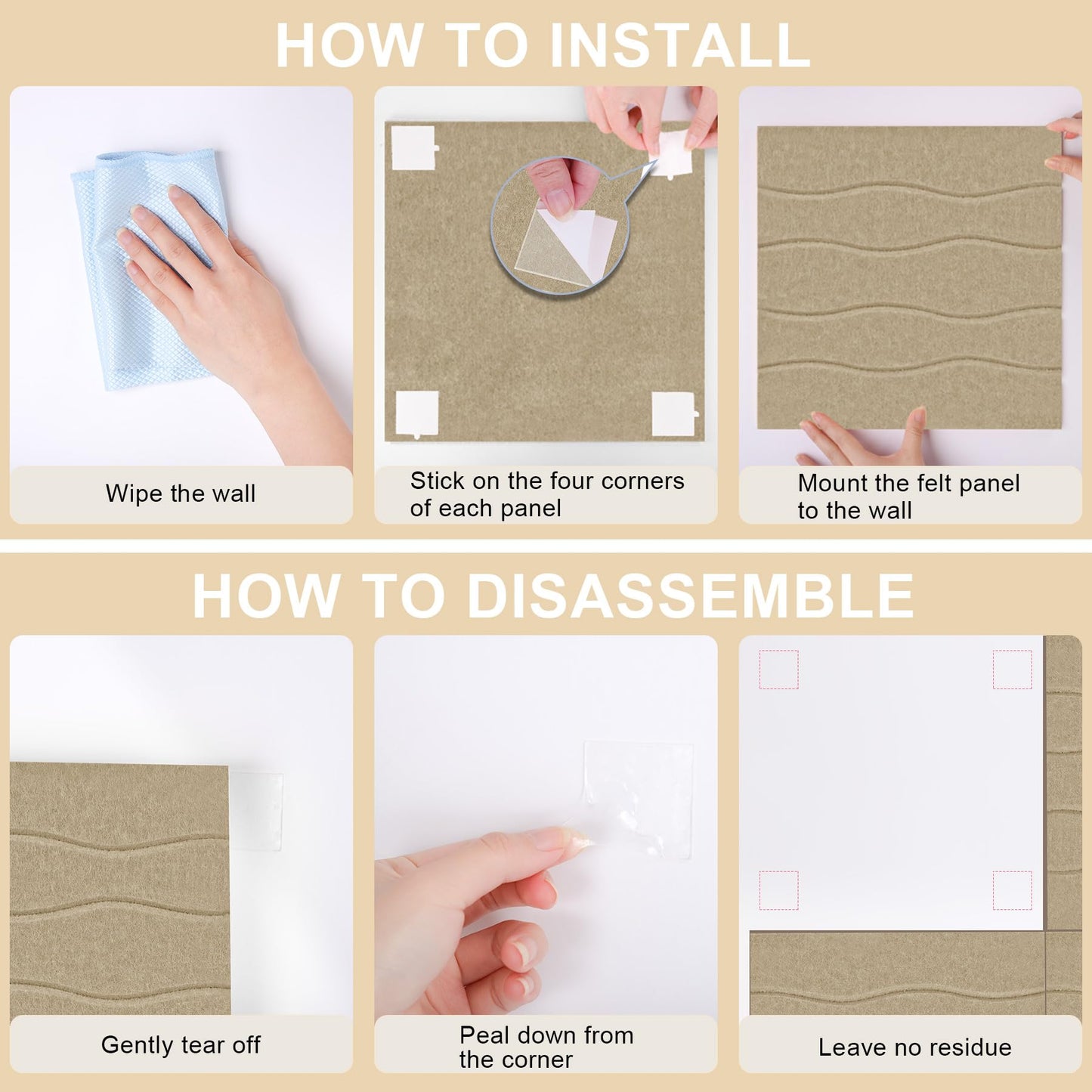 AKONEGE Felt Bulletin Board Tiles 12 Pack, 48" x 36" Cork Board Alternative, DIY Pin Board Wall Tiles for Photo Wall, Vision Board, Room & Home Office Decor, Stick-On with Adhesive Tabs, Deep Camel