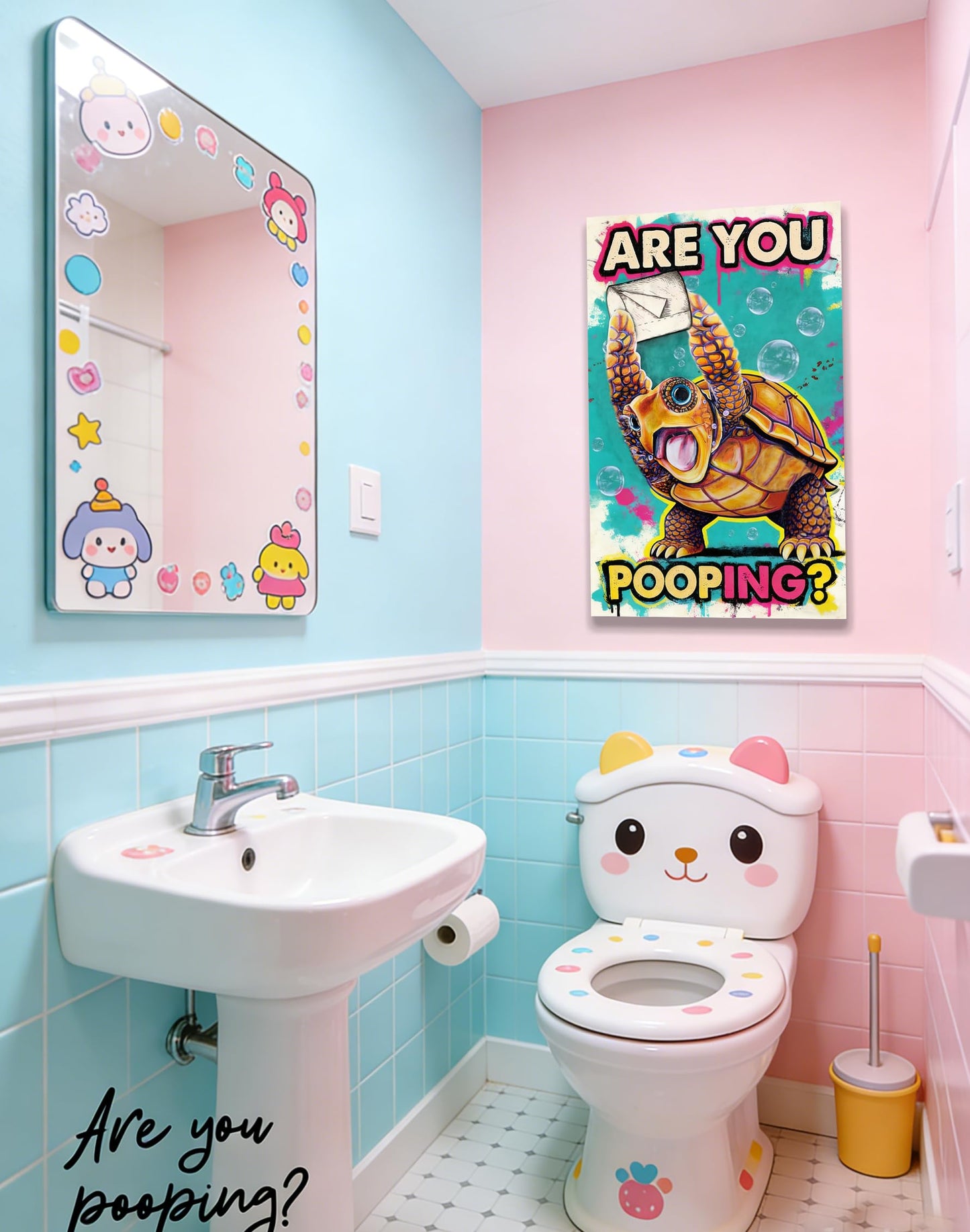Funny Turtle Bathroom Wall Art Painting, Are You Pooping? Graffiti Humor Canvas Print, Teal Pop Art Bathroom Poster Decor, 16x24 Inch Framed Wall Picture for Bathroom Restroom Toilet Washroom
