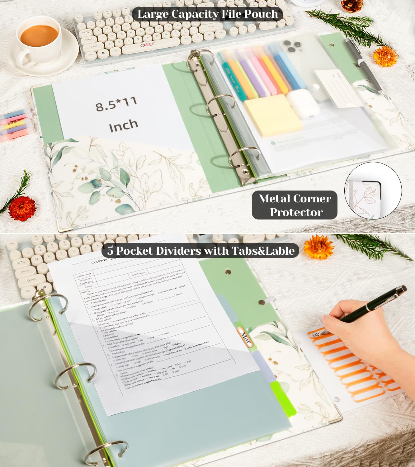 3 Ring Binder 2 Inch, Three Ring Binders Organizer with Clipboard, 5-Tabs Pockets Dividers, Plastic Folder, 18 Divider Stikers, KLLVE Cute Binder with Pen Loop (Leaves, Letter Size)