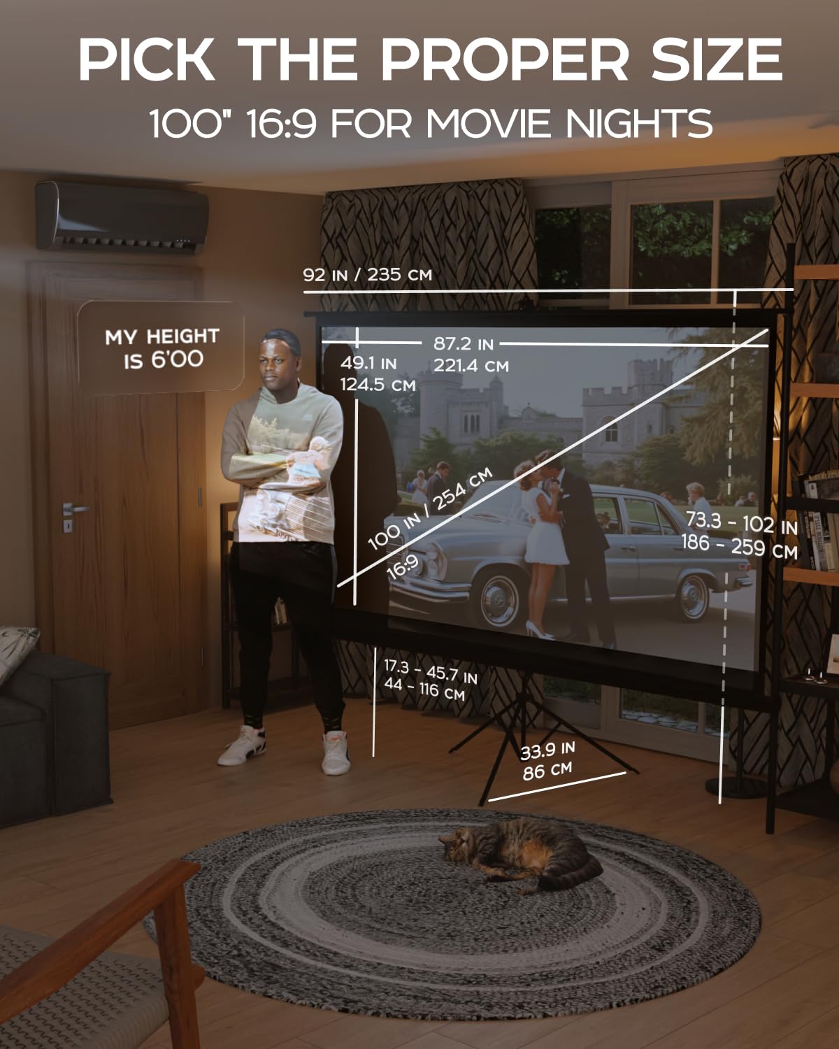 100 Inch Indoor and Outdoor Projector Screen with Stand for Movies or Presentations - HD Premium 16:9 Folding Free Tripod Screen with Carry Bag and Straps, Matte