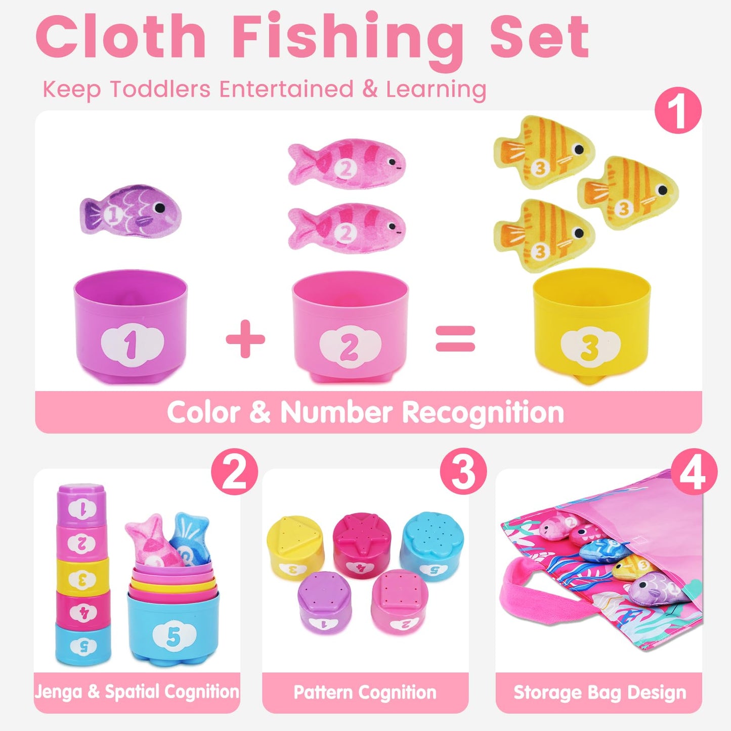 Montessori Toys for 1 Year Old Girl Gifts - Cloth Fishing Game with Stacking Cups Toddler Toys Age 1-2 - One Year Old Boy Girl First Birthday Gift - Sorting Learning Baby Toy 12-18 Months Toddlers 1-3